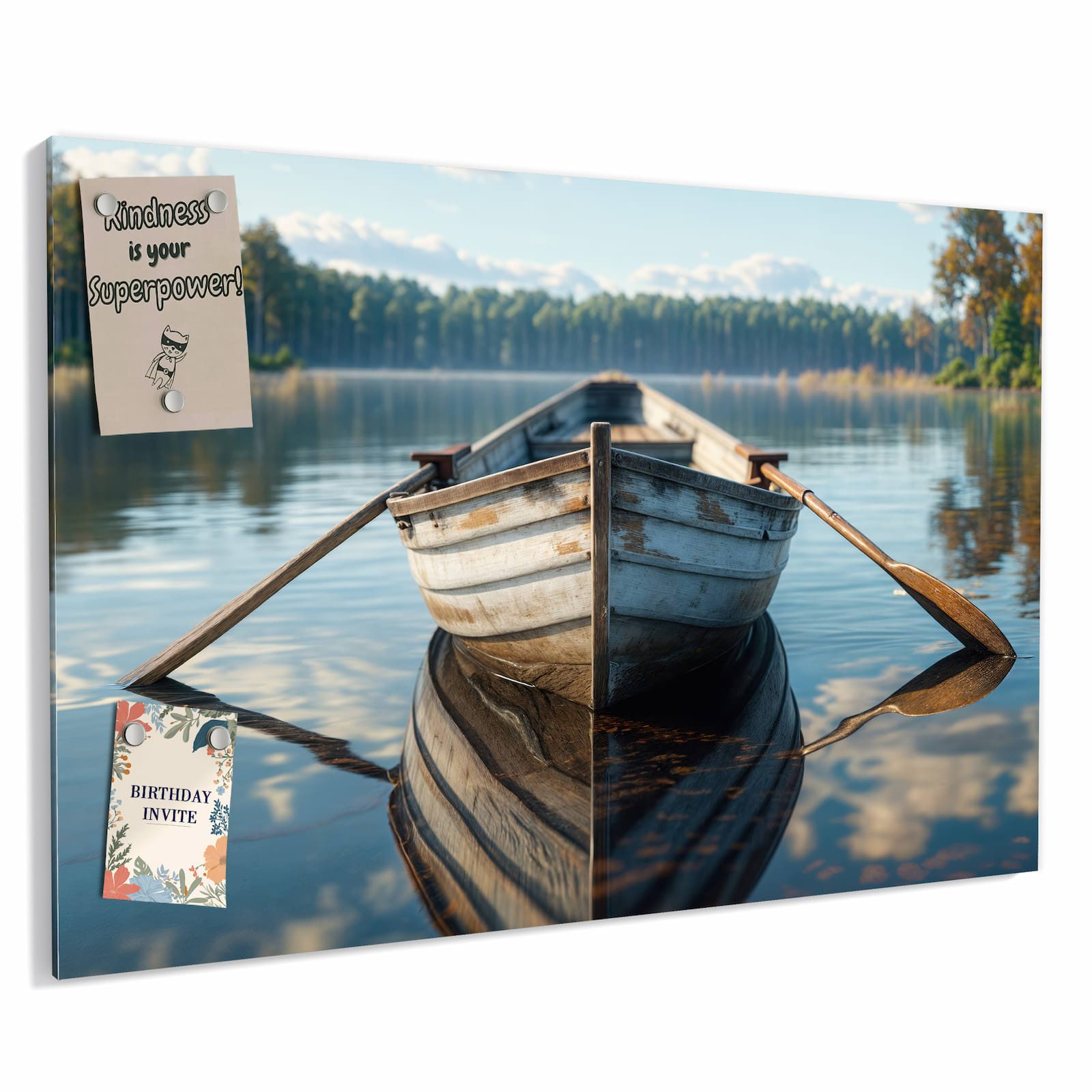 Primedeco Magnettafel Ruderboot am Waldsee – Magnetwand & Memoboard aus Metall, (Komplett-Set, 1-tlg., Inklusive 4 Magnete und 2 Boardmarker (weiß & schwarz), magnetisch & beschreibbar