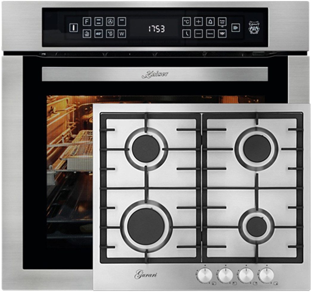 Kaiser Küchengeräte Backofen-Set Herd Set Autark Einbaubackofen,Edelstahl,79L 15 Fkt.+Gas-Kochfeld 60 cm, Edelstahl 4,0 KW WOK, 4 Gasbrenner EH 6306 R+GCH FB 604, mit 1-fach-Teleskopauszug