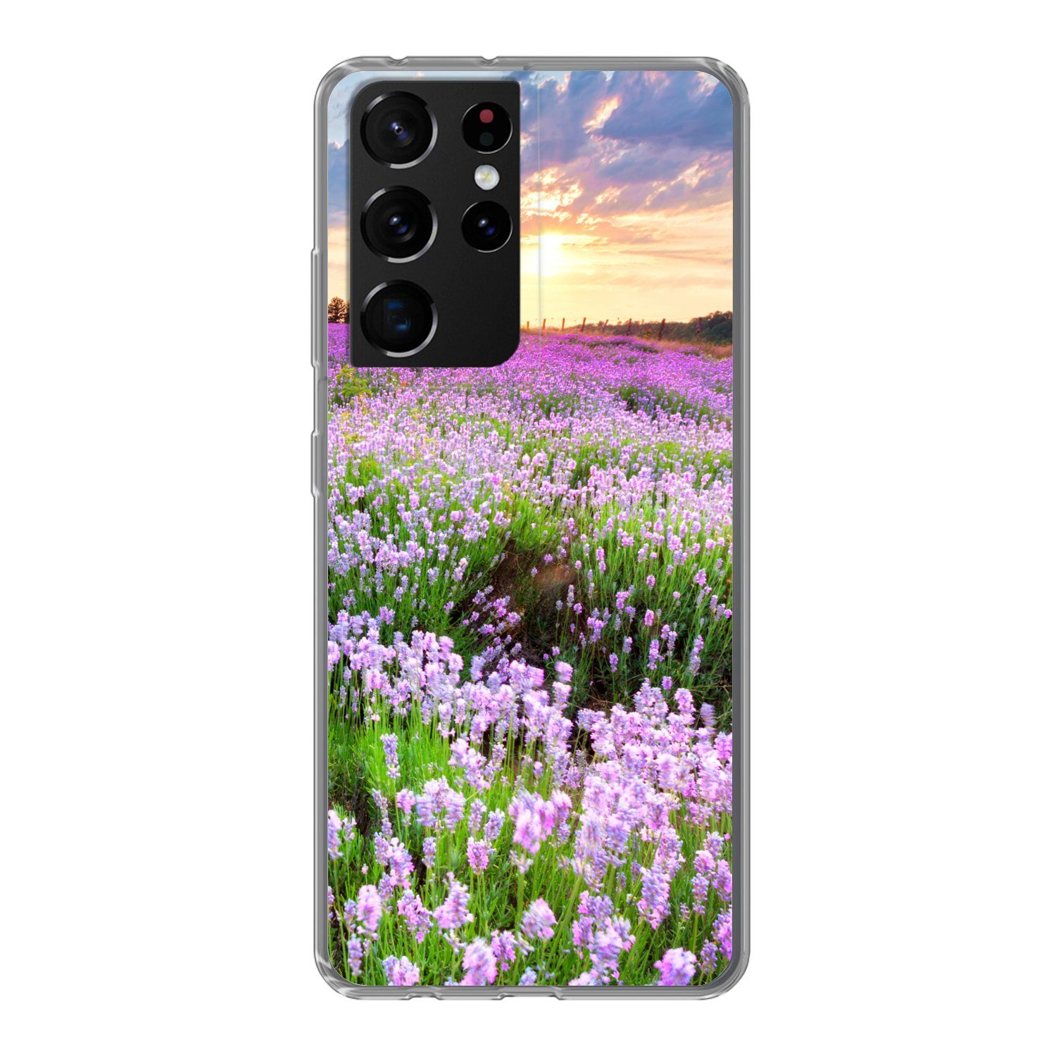 MuchoWow Handyhülle für Samsung Galaxy S21 Ultra Blumen - Lavendel - Lila - Himmel - Sonne, Phone Case, Silikon, Schutzhülle Dünn