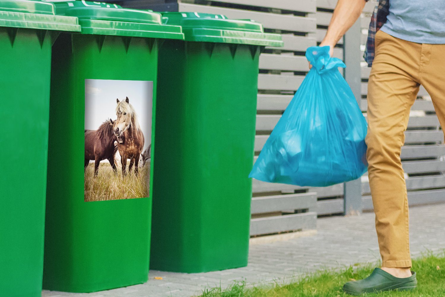 MuchoWow Wandsticker Container, Mülleimer-aufkleber, St), Pferde Frühling Gras Abfalbehälter - (1 - Sticker, Mülltonne