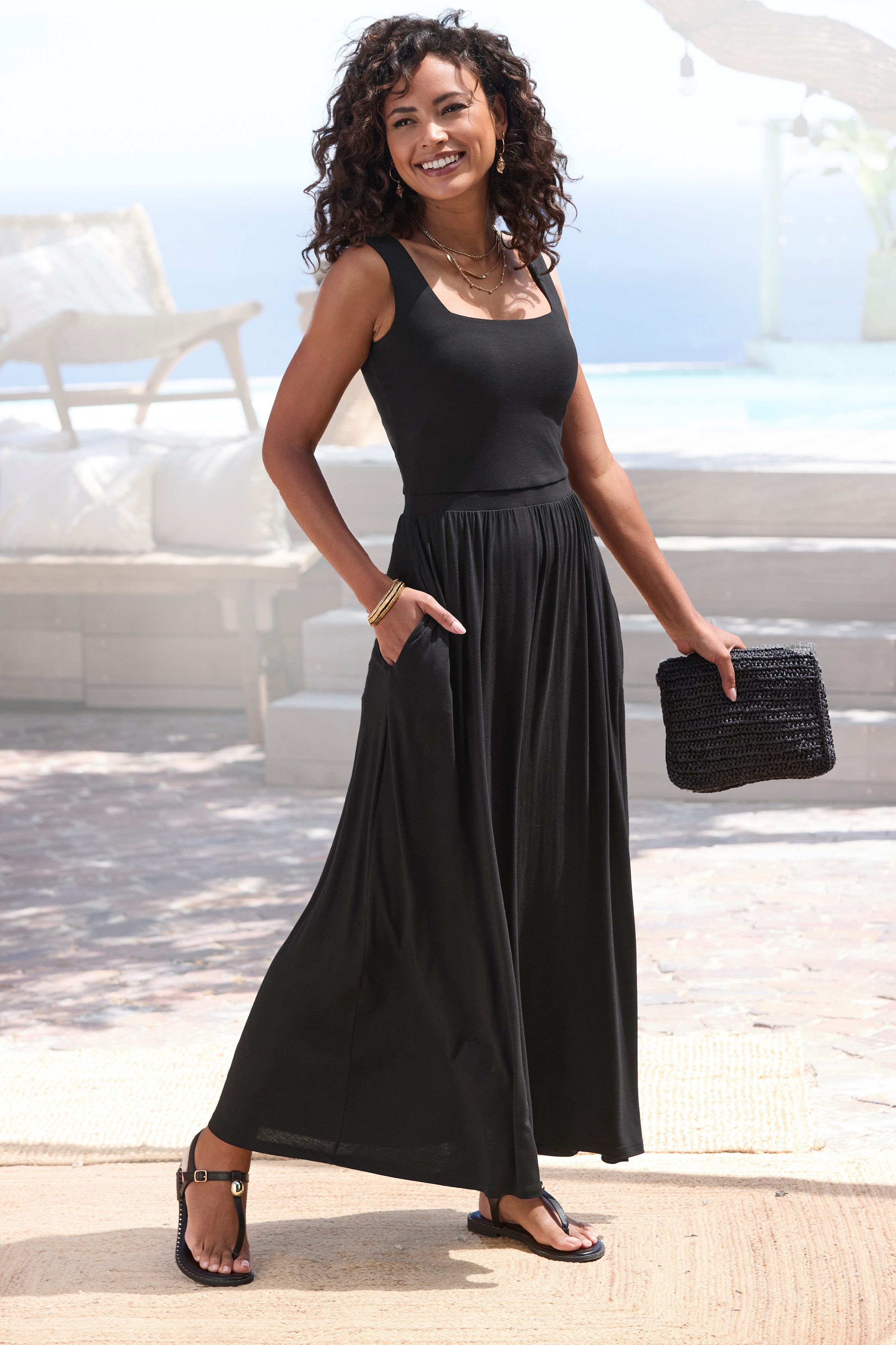 Vivance by Lascana Midikleid mit Taschen aus weicher Viskose-Stretch-Qualität luftiges Jerseykleid, Basickleid, elegantes Sommerkleid, Trägerkleid