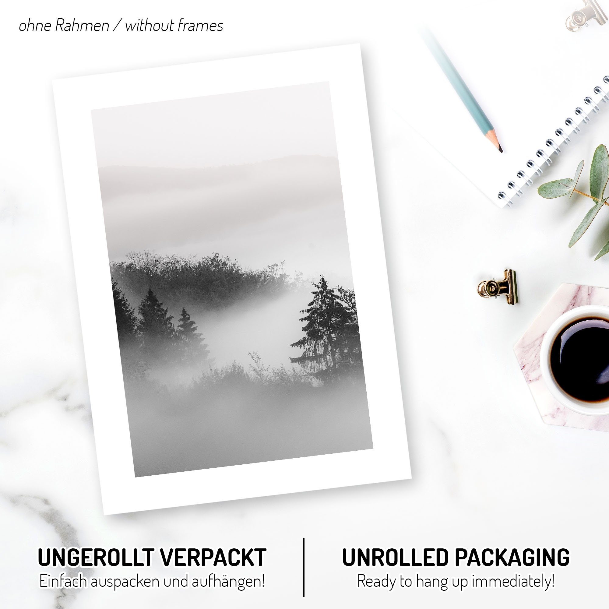 Kreative Feder Poster, Landschaft, Natur, Wald, Nebel, schwarz-weiß (Set, 3 günstig online kaufen