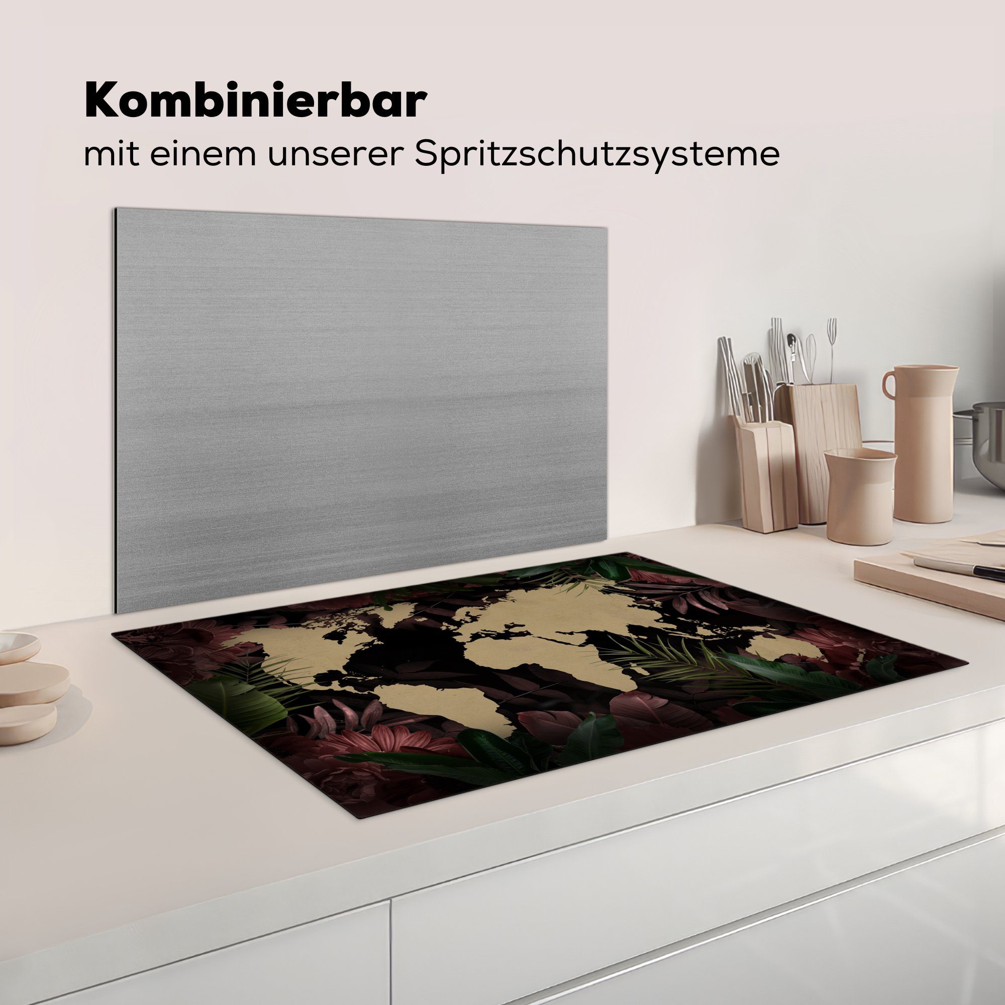 - Induktionskochfeld Braun, - tlg), 81x52 Ceranfeldabdeckung cm, Weltkarte MuchoWow Herdblende-/Abdeckplatte Pflanzen Tropische Vinyl, Schutz die für küche, (1