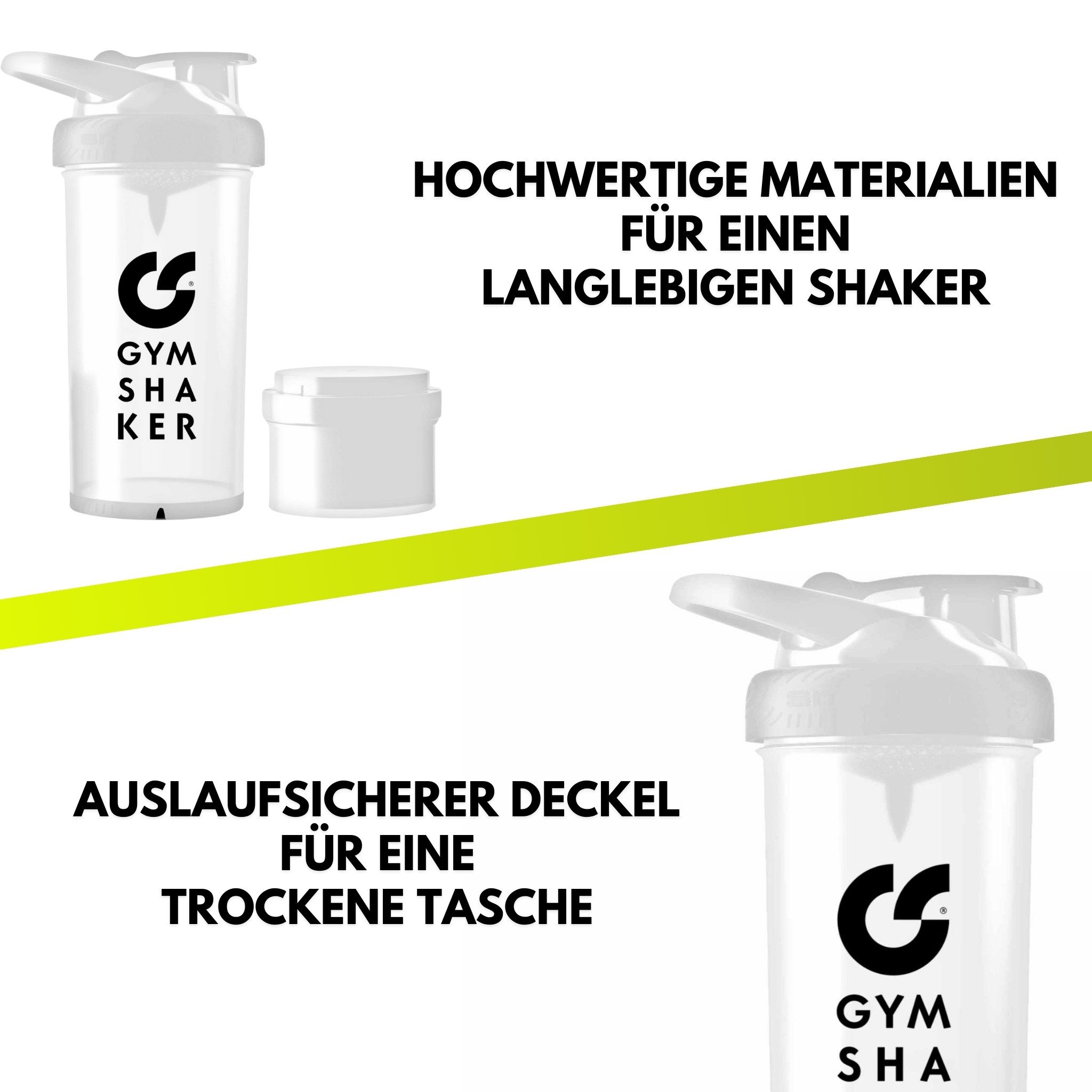 GYMSHAKER Protein Shaker mit Pulverfach - Trinkflasche für Fitness, Sport & Bodybuilding, Shaker für EAA, Eiweiß- & Sportgetränke, spülmaschinengeeignet