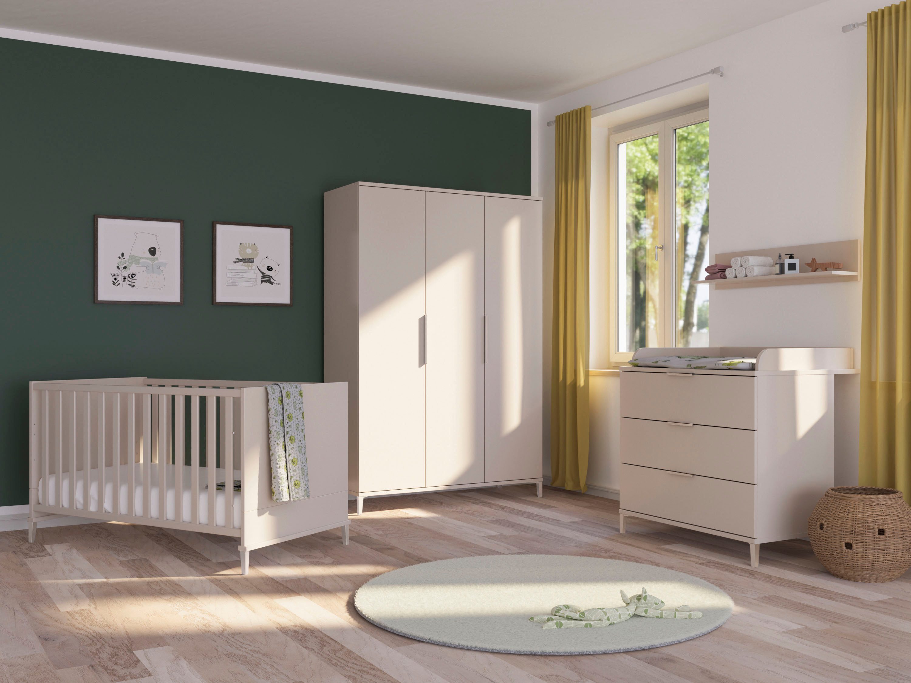 YUNY by PAIDI Babymöbel-Set SISTER LOU, 3-teiliges Babyzimmer in Beige, modernes Komplettset, (Spar-Set, 3-tlg., 70x140cm Babybett, Kleiderschrank 3-türig, Wickelkommode inkl. Aufsatz), Kinderzimmer, Soft-Close-Funktion, Mitwachsendes Bett inkl. Lattenrost