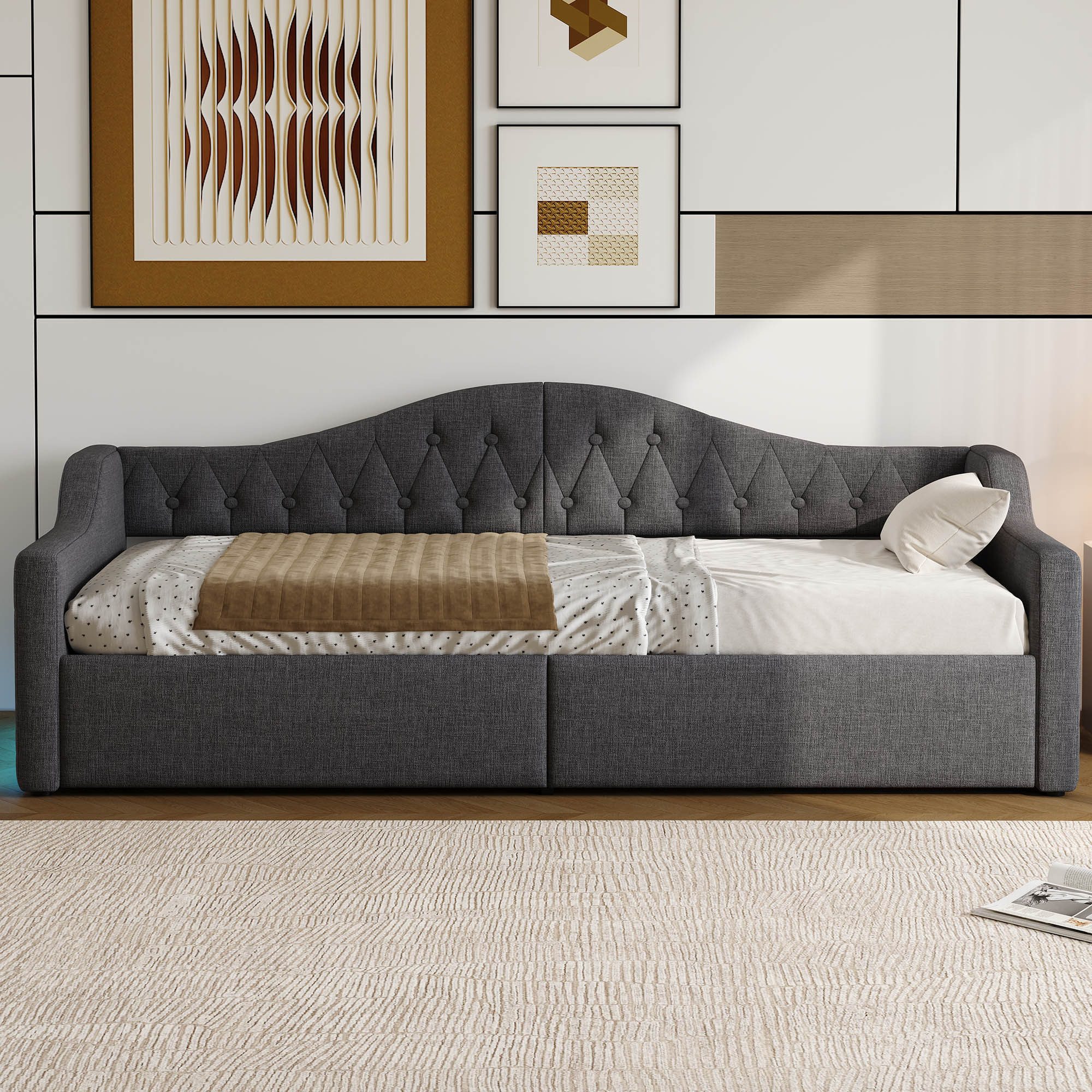 Merax Daybett mit hydraulischem Stauraum (Schlafsofa Sofabett Jugendbett Kinderbett Polsterbett, 1 tlg), Tagesbett 90x200cm mit LED-Beleuchtung Lattenrost Rückenlehne, Leinen