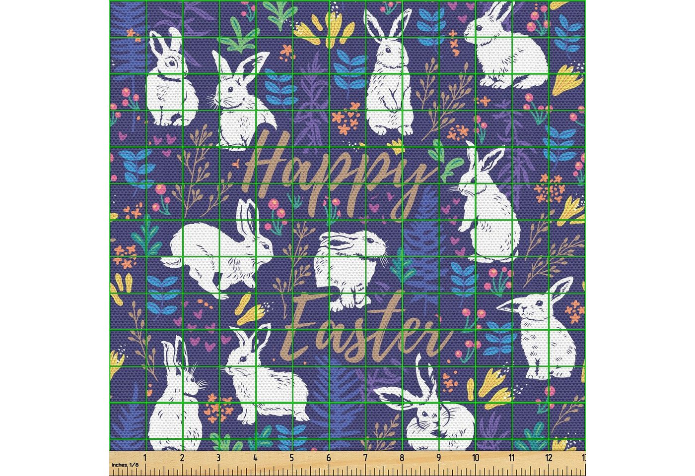 Thumbnail - Abakuhaus Stoff Schön Gewebten Stoff für Polster und Wohnaccessoires, Ostern Floral Bunnies Poses