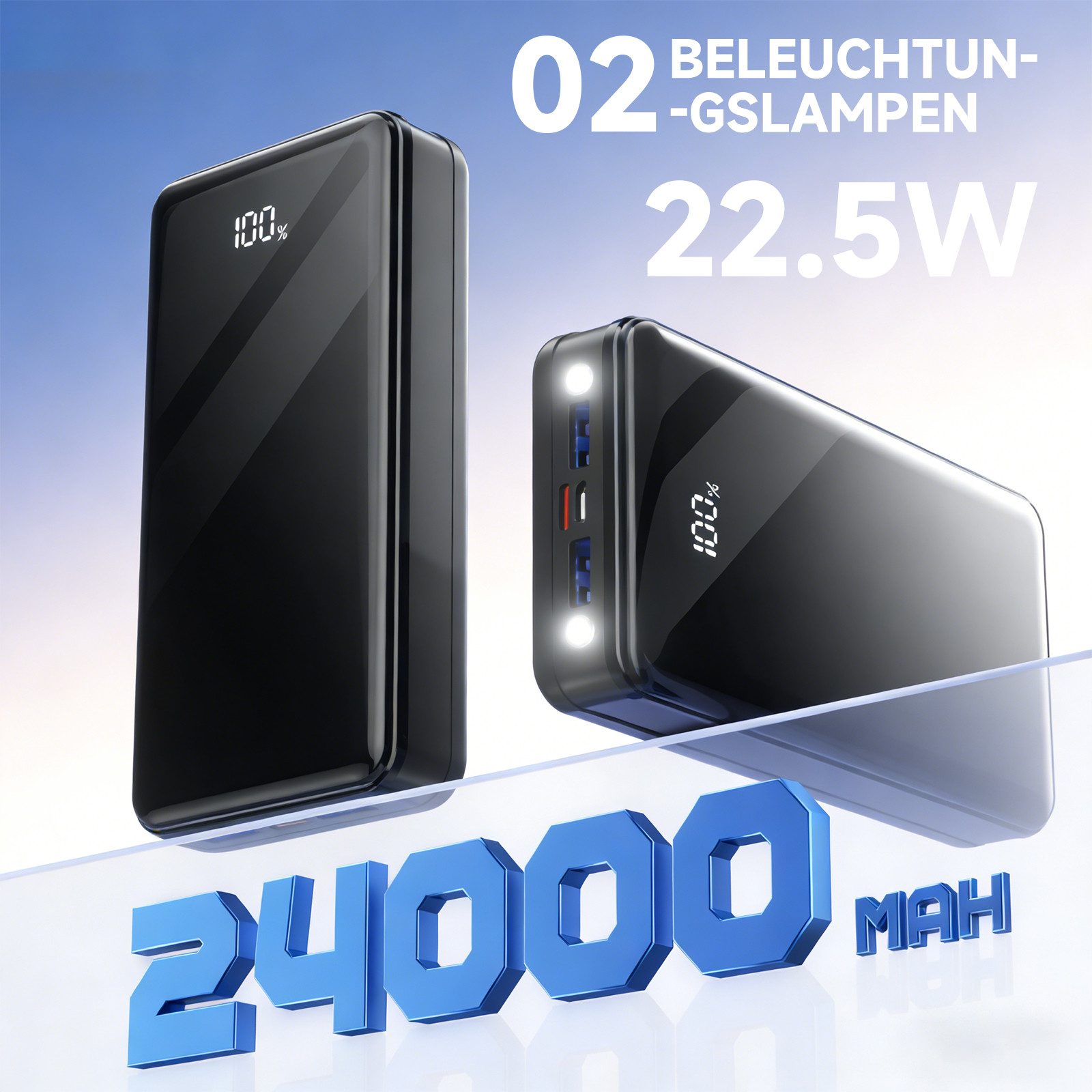 Pdgrid 24000 mAh 22,5 W 4 Ausgänge mit LED-Display Externe-Batterie Powerbank 4 Ausgänge: 2x USB-A, 1×Type-C, 1×Micro 24000 mAh, Aufladen Ladegerät