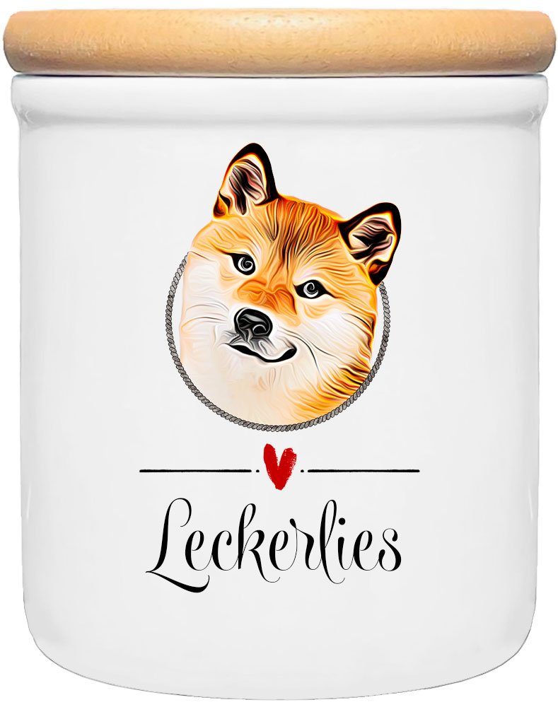 Cadouri Vorratsdose SHIBA INU - Leckerlidose Hund - für Hundekekse, Keramik, (Leckerlidose mit Hunderasse, 2-tlg., 1x Keramikdose mit Holzdeckel), Hundekeksdose, handgefertigt in Deutschland, für Hundebesitzer, 400 ml