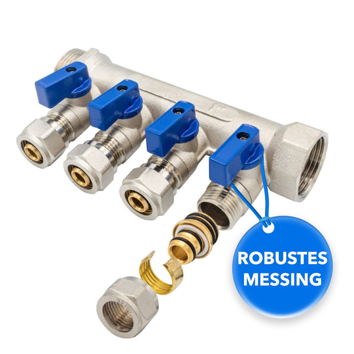 Belrad Gewindefitting Heizkreisverteiler für Heizungen BLR409, 4 Abgänge mit Kugelhahn, (1-tlg), Eurokonus 1/2" 16 mm, 1" AG/IG, vernickeltes Messing, 35 mm Abstand