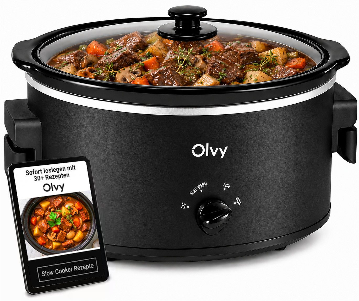 Olvy Schongarer Analog, 6L, PFAS-frei, Braten & Schmoren, Slow Cooker, Spülmaschinenfester Innentopf aus Keramik, 3 Temperaturstufen