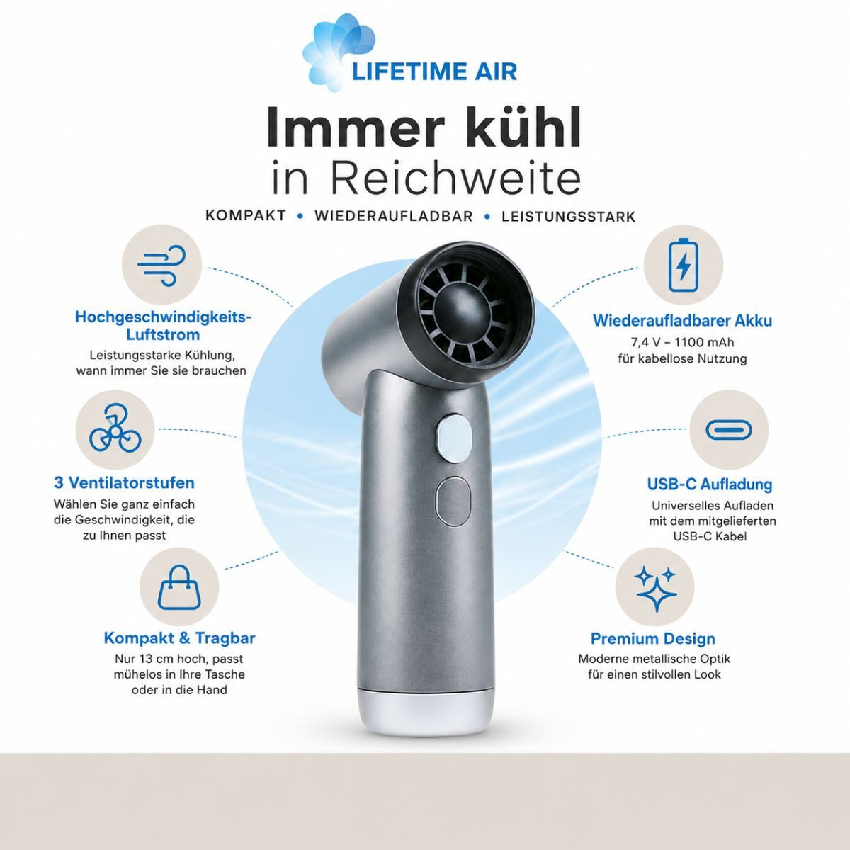 Lifetime Standventilator Lifetime Air Tragbarer Handventilator - Mini Ventilator
