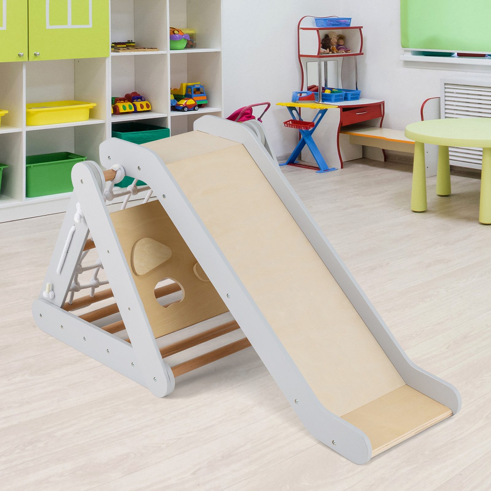 COSTWAY Klettergerüst 4 in 1 Kletterdreieck, mit Rutsche, aus Holz günstig online kaufen