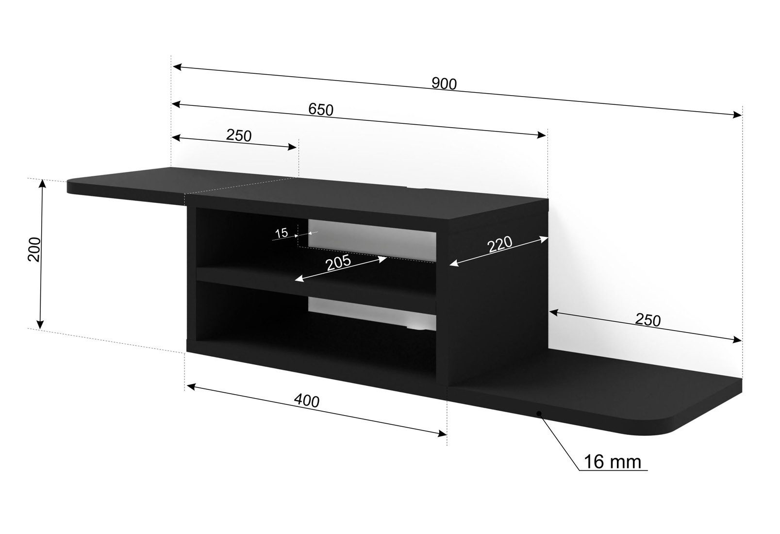 Raumhirsch Furniture Lowboard TV Schrank, RTV Möbel, Wohnmöbel (Maße: 90 x 22 x 20 (H) cm, 2 Fächer), Kabelöffnung, Wandmontage, Runde Kanten