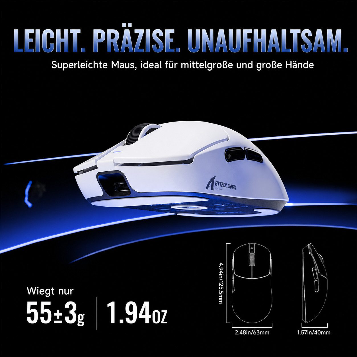 ATTACK SHARK X8ULTRA 8KHz Drahtlose Gaming-Maus,Nordic 52840,PAW3950MAX,42KDPI Gaming-Maus (Bluetooth, 2.4G, USB-C, 750 IPS und 50g Beschleunigung) – Bild 3 von 5