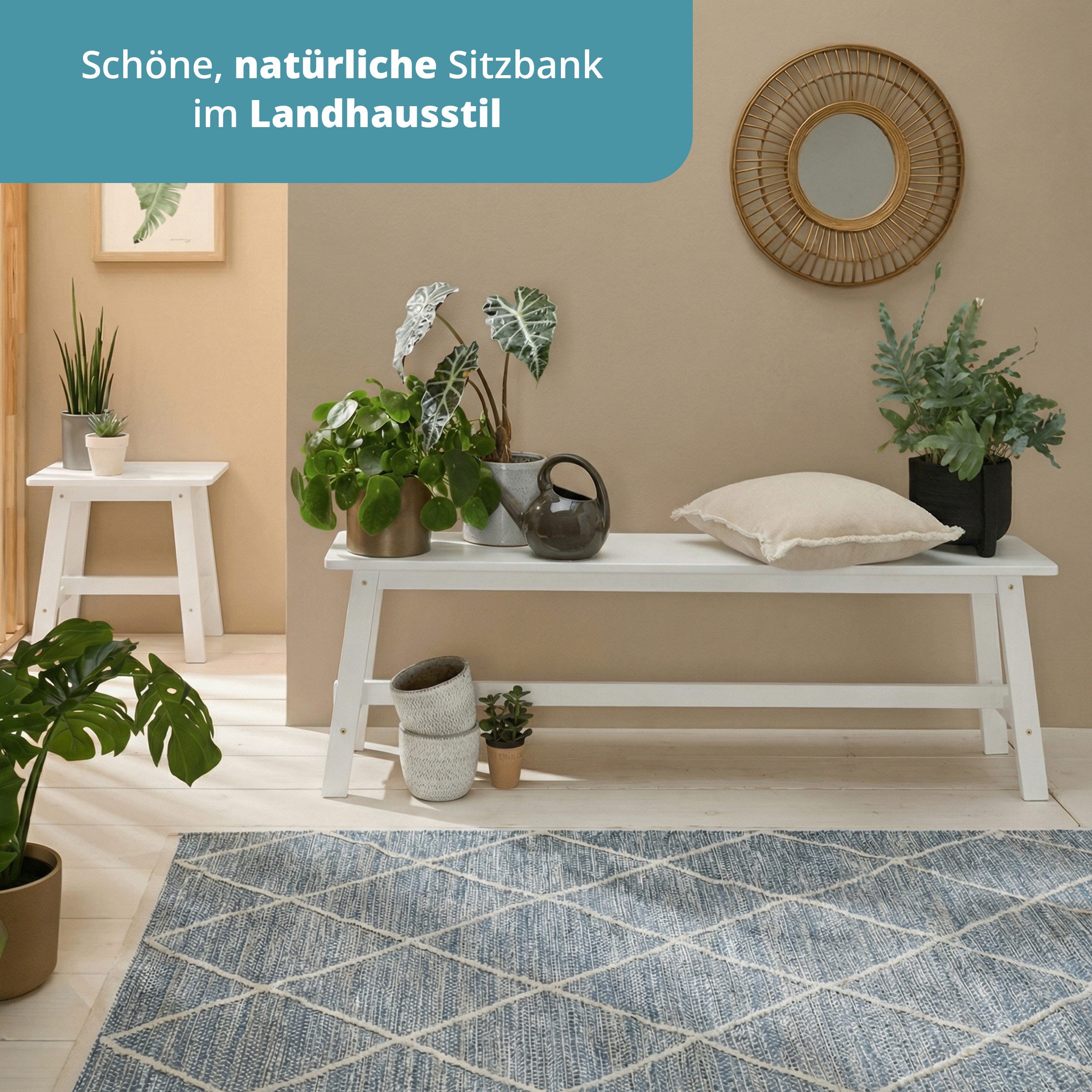 KHG Sitzbank Dekobank Weiß für 2-3 Personen, Skandi Look, bis 200 kg belastbar, lackiert, pflegeleicht, Massivholzgestell