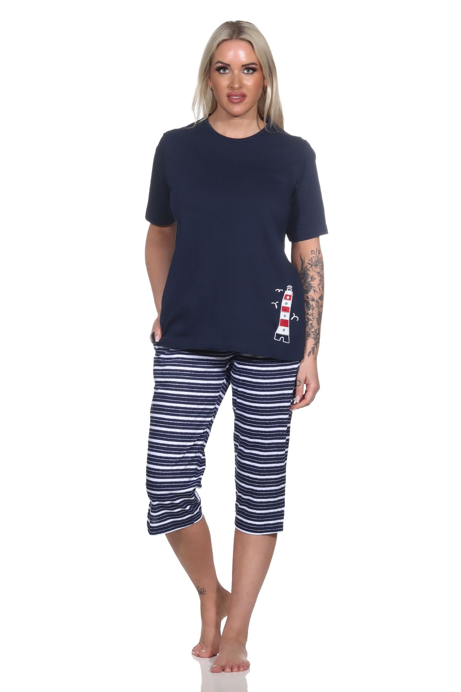 Normann Pyjama Capri marine Leuchtturm Maritimer Schlafanzug als Motiv kurzarm mit Damen