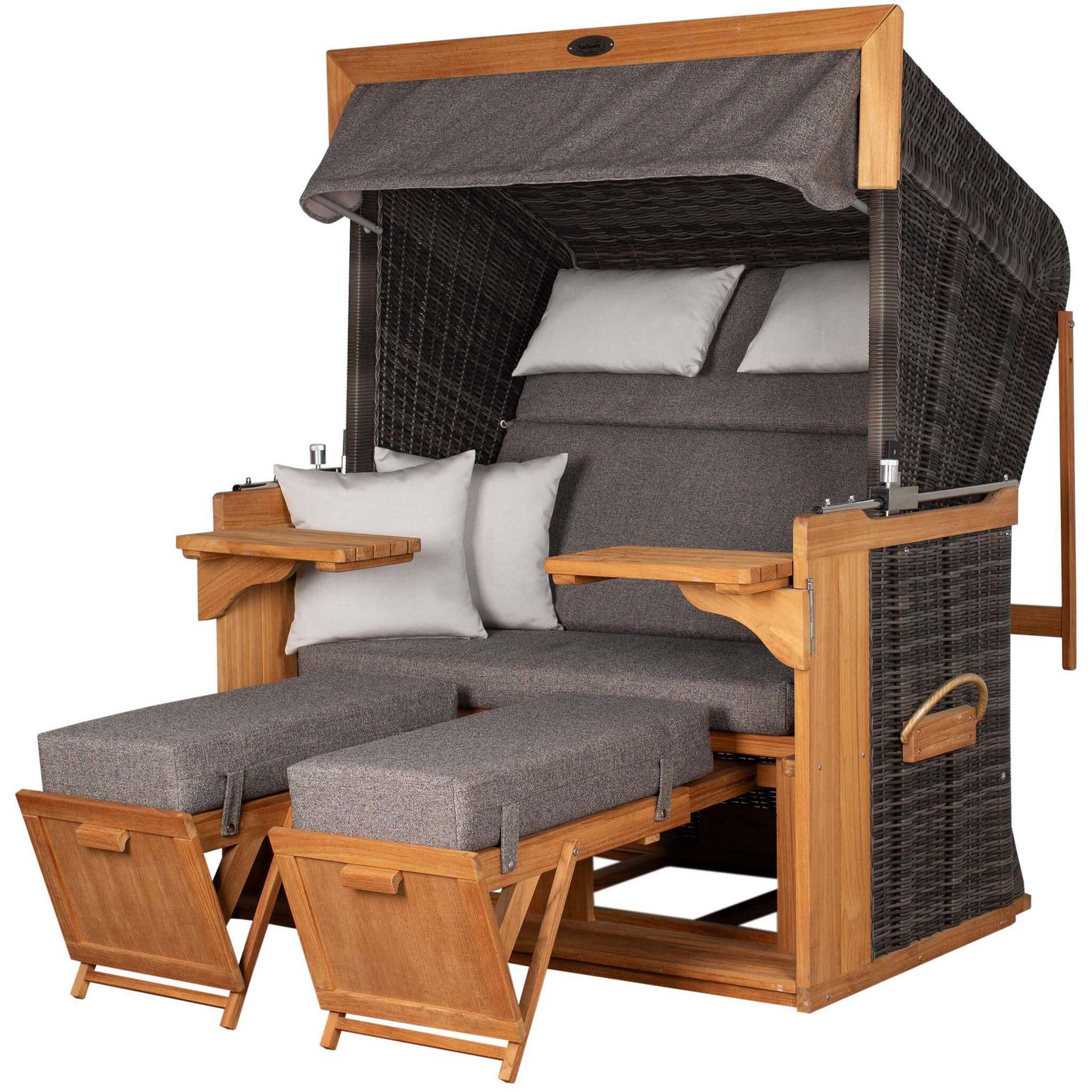 deVries PURE® Strandkorb Friesland Sylt XL - PE stone grey - Dessin 252, BxTxH: 135x90x165 cm, Volllieger, Nordsee-Strandkorb, (Strandkorb-Komplettset, 2-tlg., Strandkorb mit bequemer Polsterausstattung und inkl. Schutzhülle), Windschutzfolie, bequeme Kissenausstattung, Schutzhülle