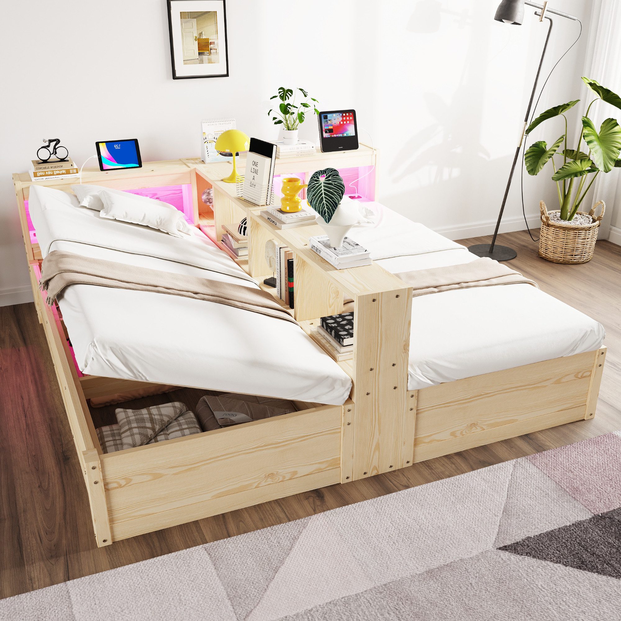 REDOM Schlafsofa Stauraumbett Kinderbett, mit LED-Lichtleiste, integrierter Euro-Steckdose & großem Stauraum, umwandelbar zum Doppelbett, ohne Matratze, Daybett Holzbett 90/180x200 cm