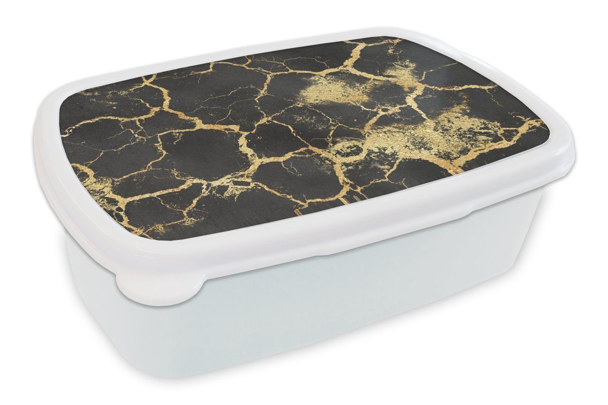 MuchoWow Lunchbox Marmor - Gold - Schwarz, Kunststoff, (2-tlg), Brotbox für Kinder und Erwachsene, Brotdose, für Jungs und Mädchen weiß