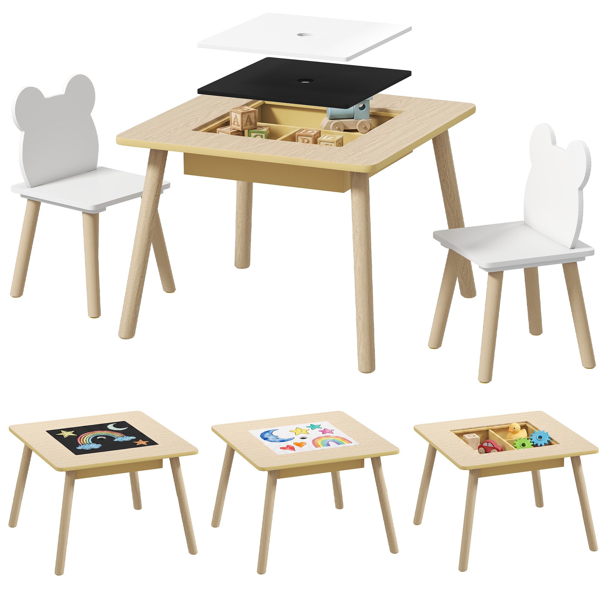 AIYAPLAY Kindersitzgruppe Kindertisch mit 2 Stühle, Stauraum, klappbare Tischplatte, (Kindertisch mit 2 Stühlen, 3-tlg., Kinder Tisch Stuhl Set), für Kinderzimmer, für 3-6 Jahre Kinder, Naturholz