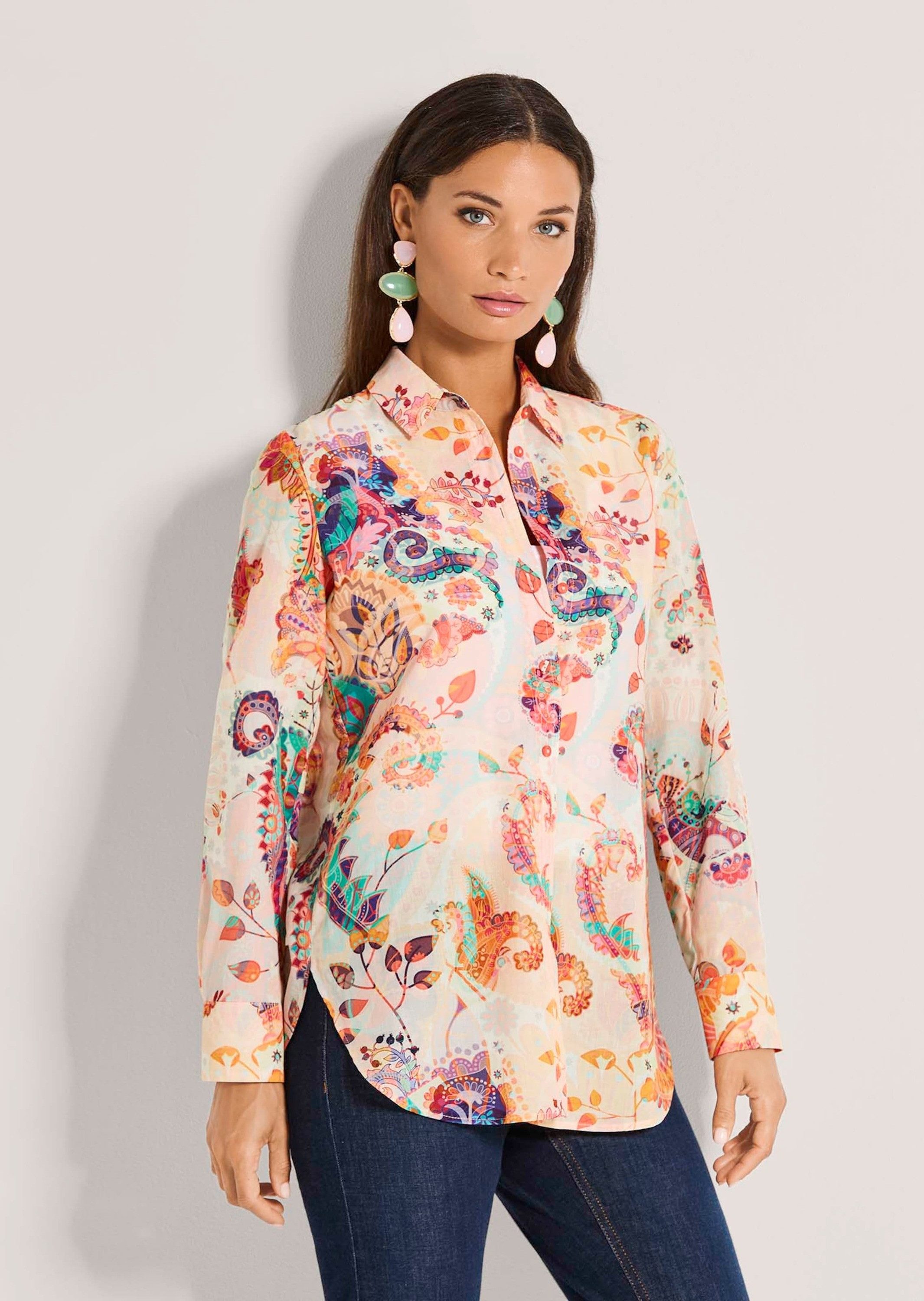 MADELEINE Hemdbluse Baumwollbluse mit Paisley-Muster Druckbluse mit Hemdkragen, Knopfleiste, Rückenpasse und Langarm