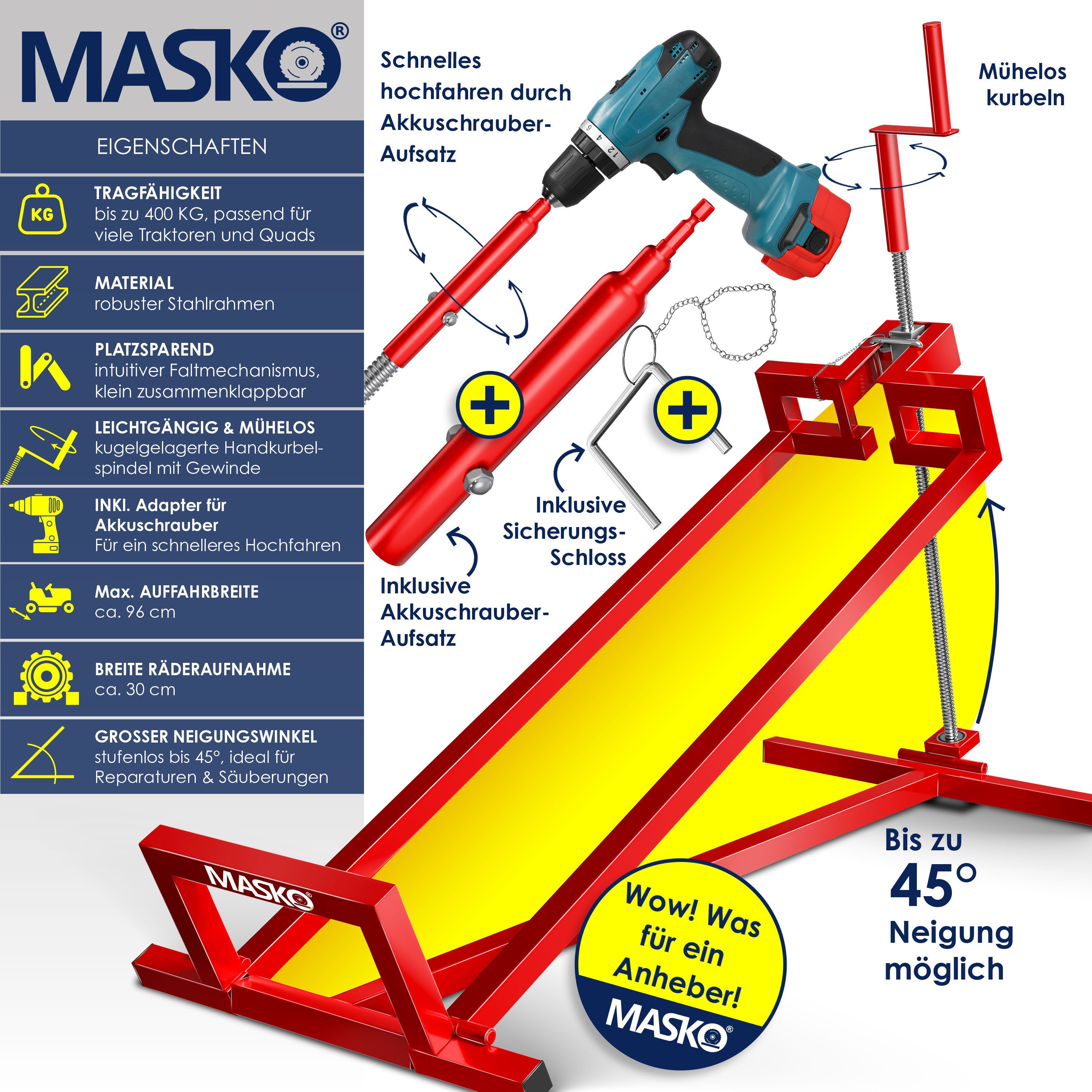 MASKO Rasentraktor Heber 450kg Hebevorrichtung für Aufsitzmäher mit Adapter inkl. Bürste, Rasentraktorheber, universelle Reinigungshilfe, Hebebühne für Quad