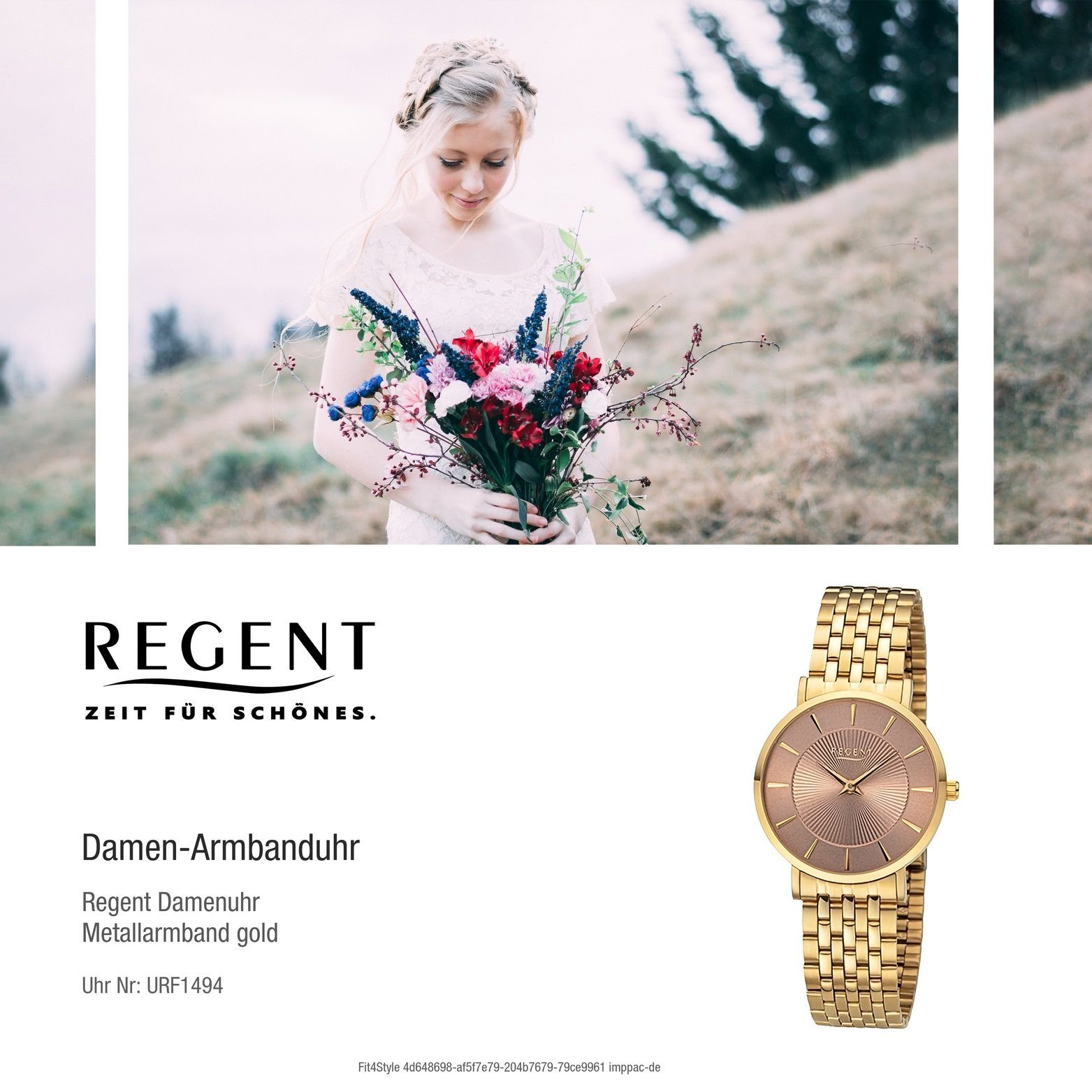 Gehäuse, Damen Metallarmband extra 32mm) rundes Regent Regent Quarzuhr Analog, (ca. groß Damenuhr gold, Armbanduhr