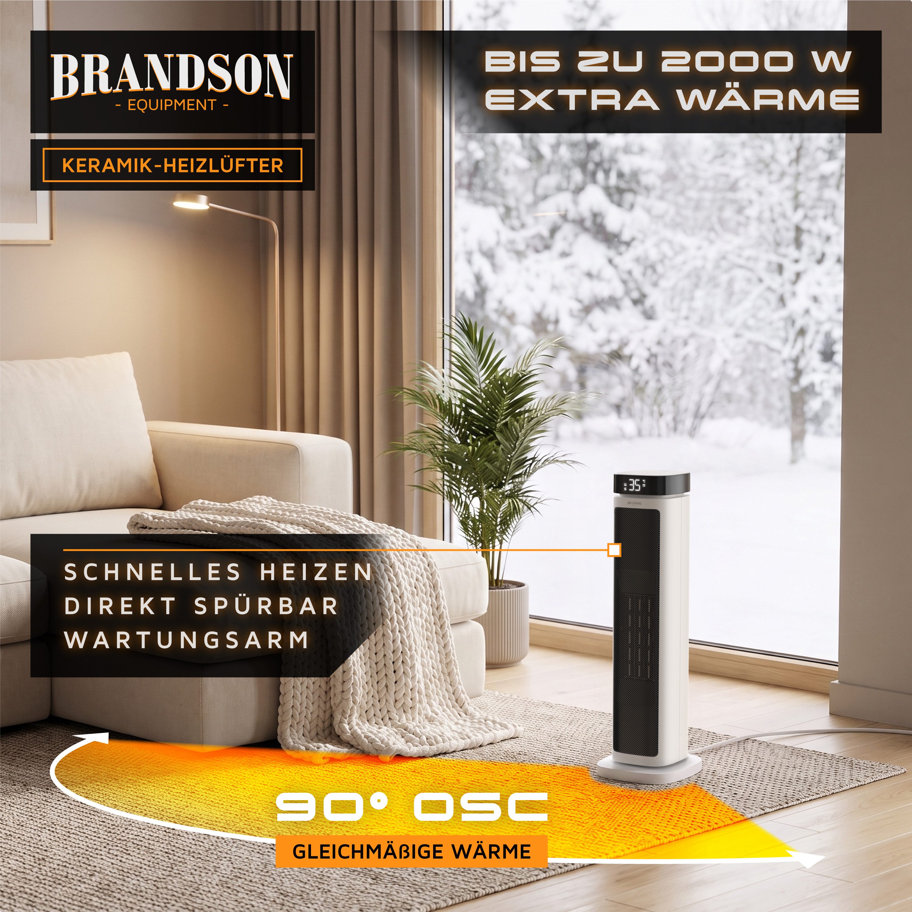 Brandson Heizlüfter Turm-Keramikheizlüfter 2000 W, ECO-Modus, 12h-Timer, Fernbedienung, 2000 W, Badezimmer, Thermostat, ECO-Modus, Oszillation, Kippschutz – Bild 3 von 5