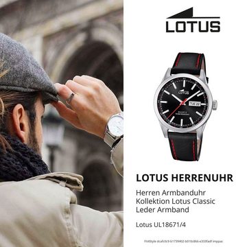 Lotus Quarzuhr LOTUS Herren Uhr Elegant 18671/4 Leder, Herrenuhr rund, groß (ca. 42mm) Lederarmband schwarz
