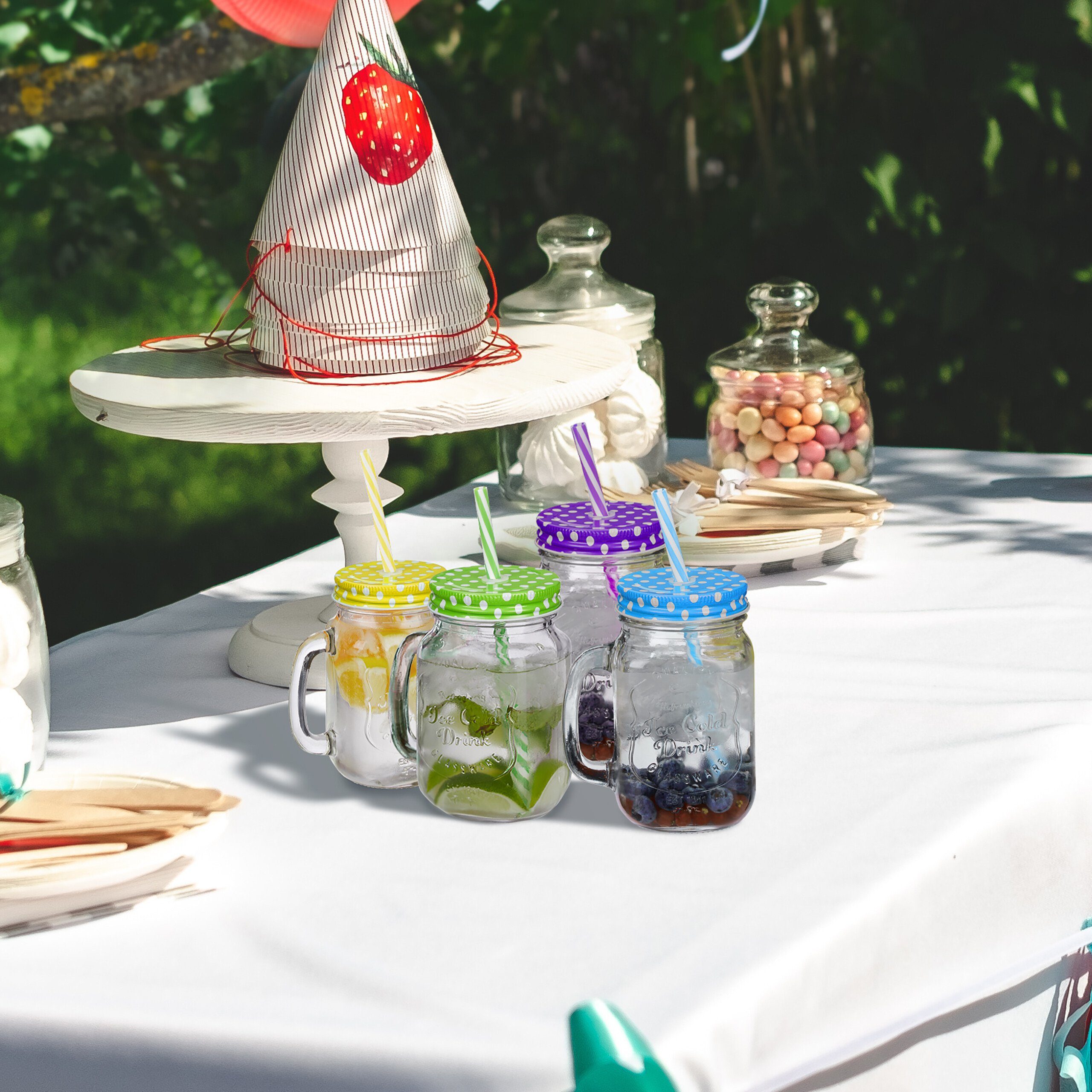 relaxdays Gläser-Set Bunte Trinkgläser mit Deckel 4er Set, Glas