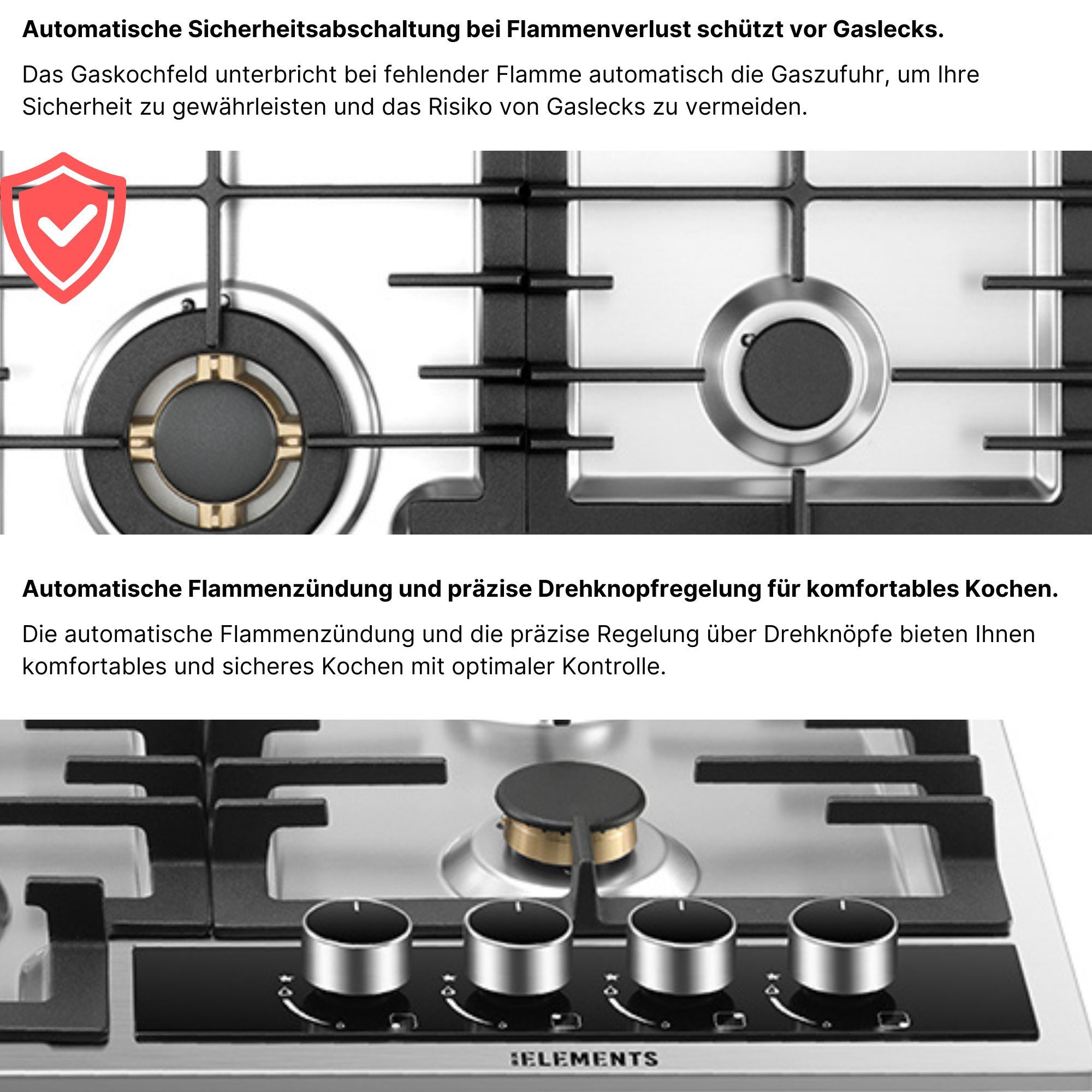 KB Elements Gas-Kochfeld, Vollkupfer-Brenner, Wok-Dreifachbrenner, 304 Edelstahlgehäuse, NG/LPG