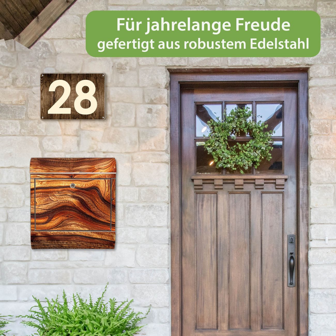 banjado Wandbriefkasten Edelstahl mit Motiv Holz Gemasert Astloch (Wandbriefkasten groß, mit Zeitungsfach), 38 x 42,5 x12 cm