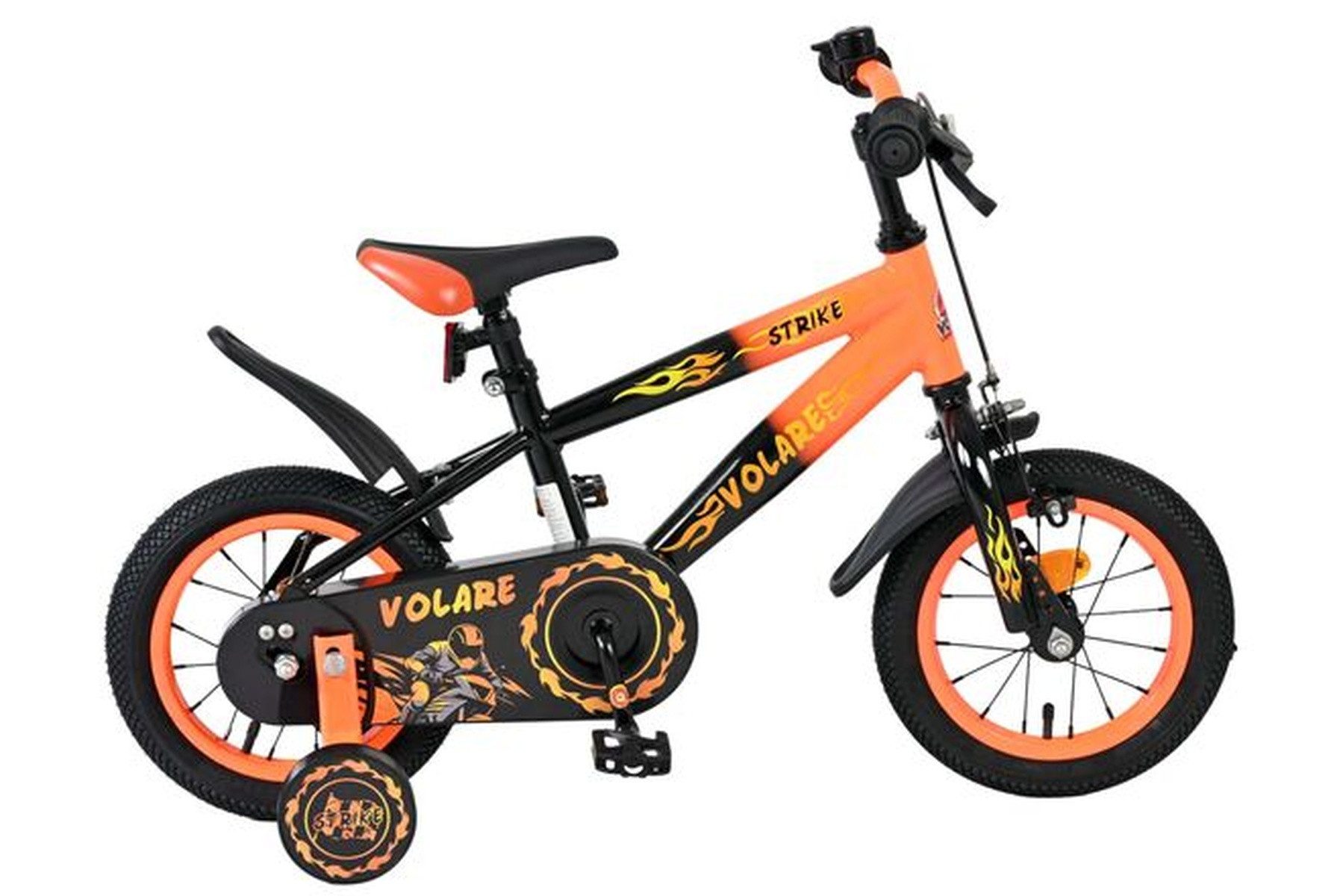 Volare Kinderfahrrad Strike 12 Zoll Orange für Jungen – Rücktritt- & Handbremse, Stützräder, Geschlossener Kettenschutz, Luftreifen, Sattelhöhe 44–51 cm