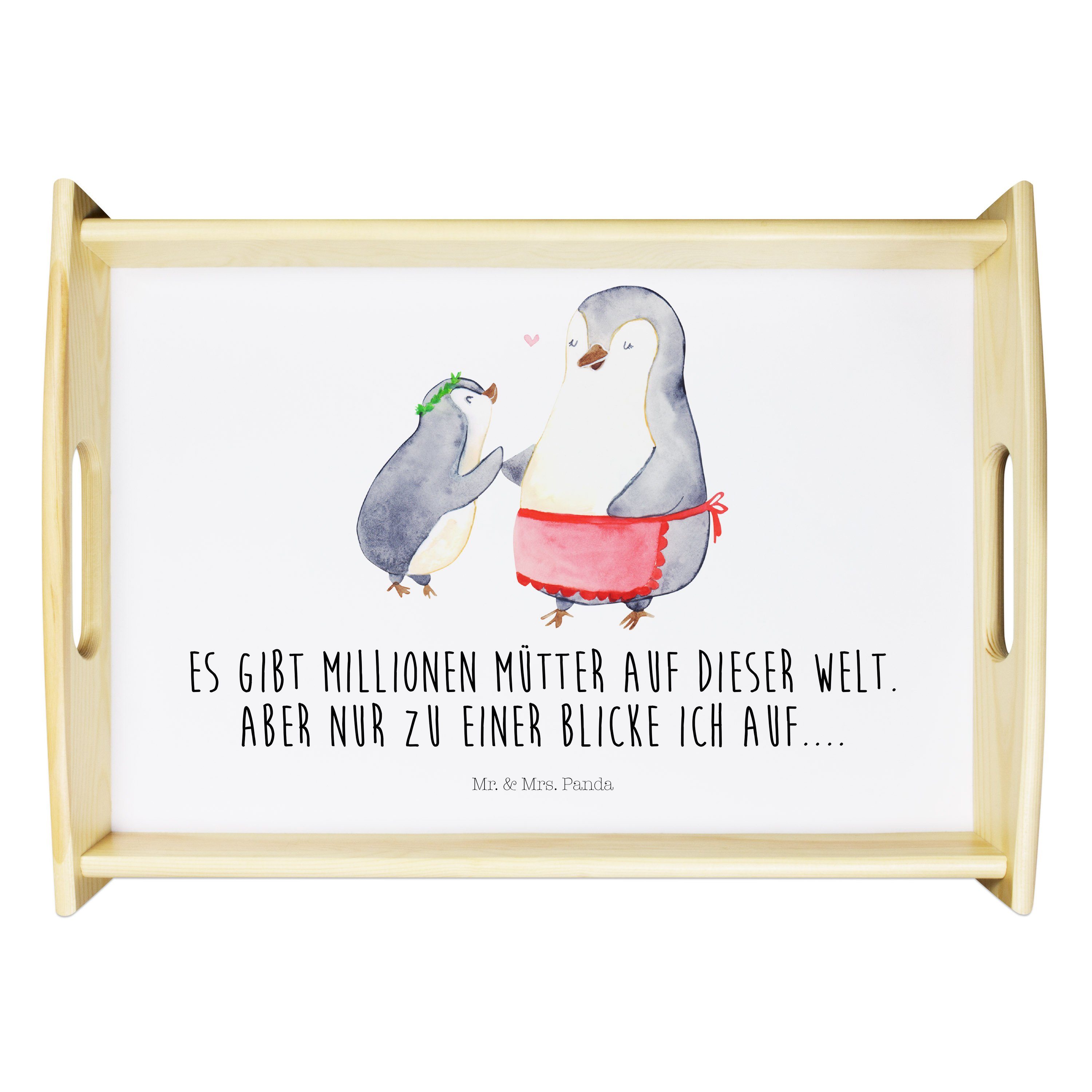 Mr. & Mrs. Panda Tablett Pinguin mit Kind - Weiß - Geschenk, Mutti, Vatertag, Dekotablett, Mam, Echtholz lasiert, (1-tlg)