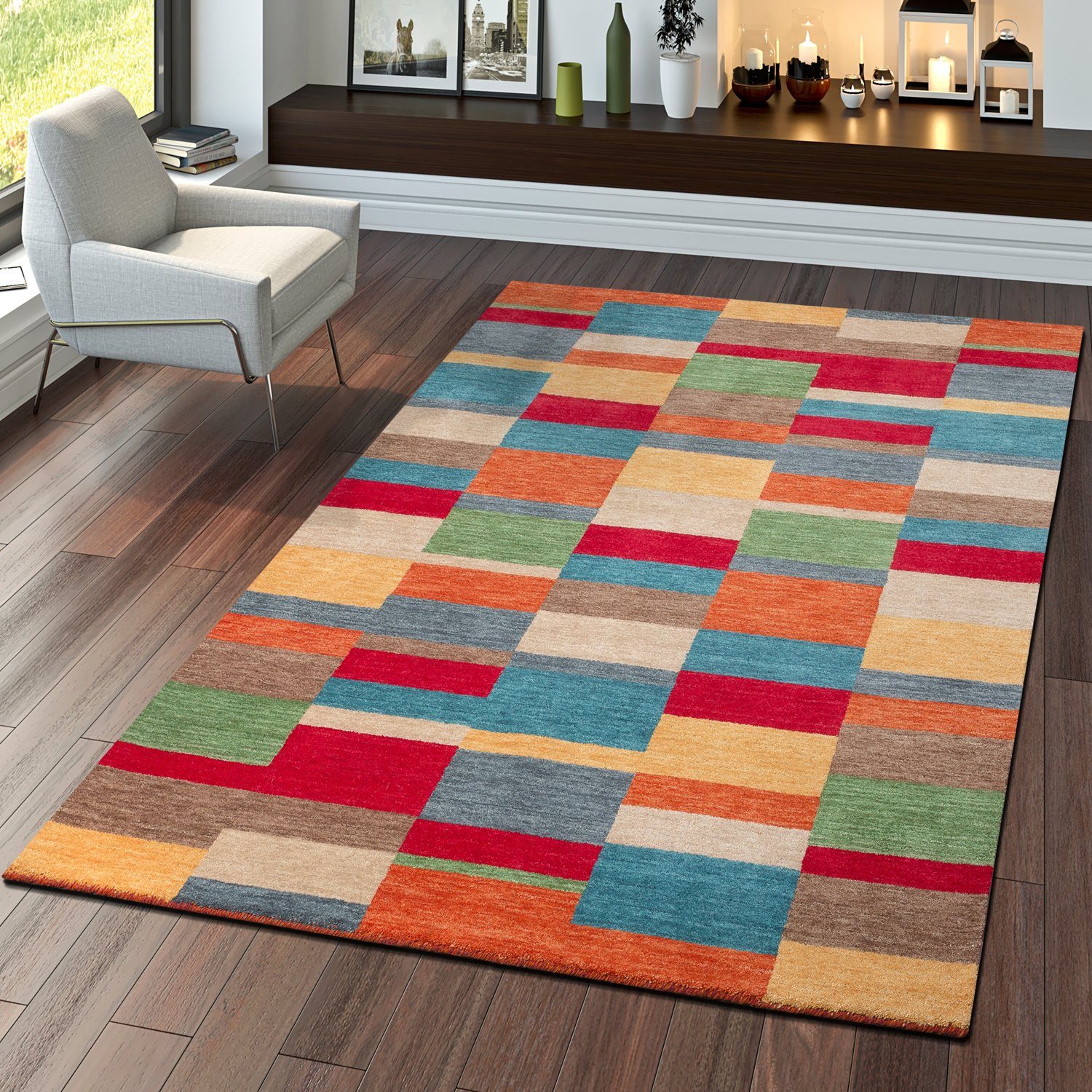 Teppich Indischer Gabbeh Handgefertigt Modern 100% Wolle Karo In  Multifarben, TT Home, rechteckig, Höhe: 13 mm | Kurzflor-Teppiche
