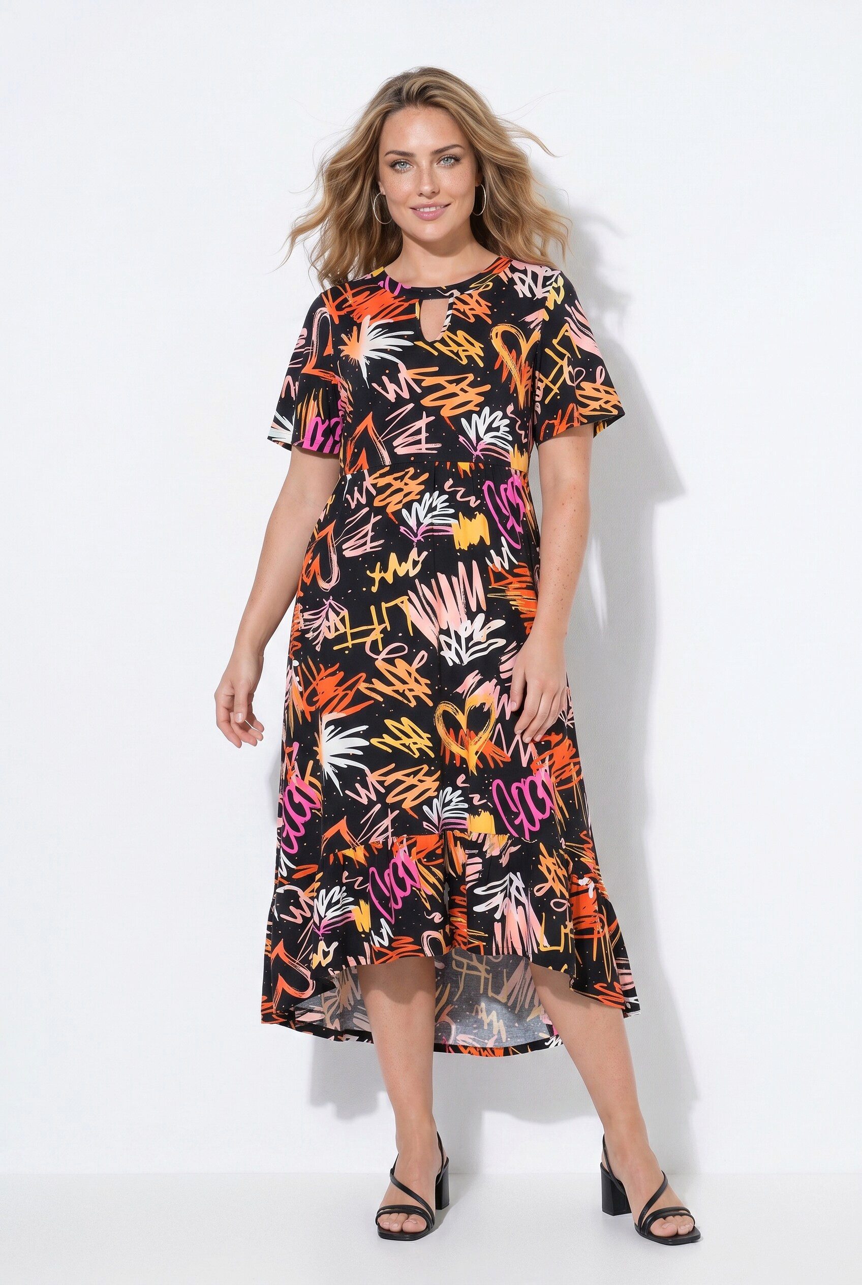 Jerseykleid Maxi-Jerseykleid Graffiti-Muster Flügelärmel