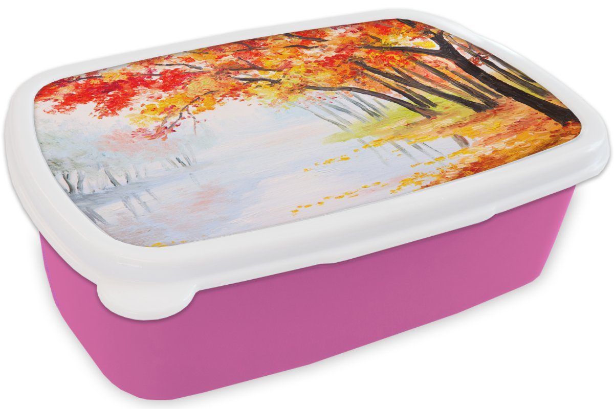 MuchoWow Lunchbox für Snackbox, - Erwachsene, - Brotdose - Wasser rosa - Brotbox Kunststoff, Bäume Ölfarbe, Kinder, Gemälde Herbst Kunststoff (2-tlg), Mädchen