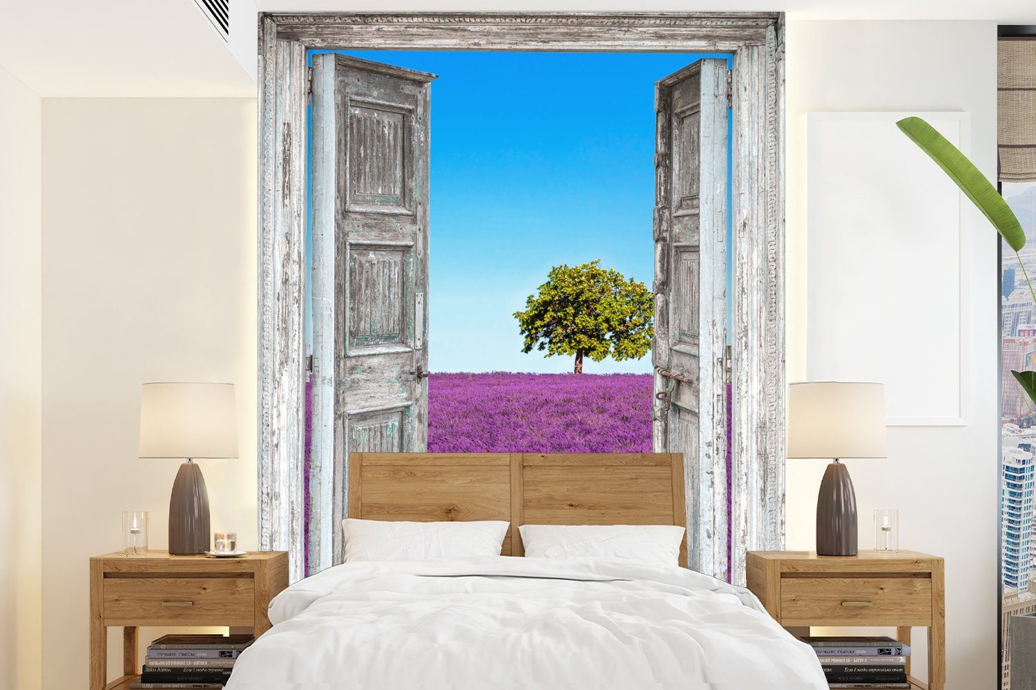 MuchoWow Fototapete Blumen - Lavendel - Ansicht, Matt, bedruckt, (4 St), Montagefertig Vinyl Tapete für Wohnzimmer, Wandtapete