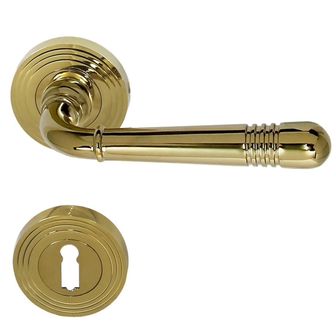 Türbeschlag Türbeschlag 1662 Helena R Messing poliert PVD Türklinke, Festdrehbar gelagert mit Rückholfeder zur Schlossentlastung