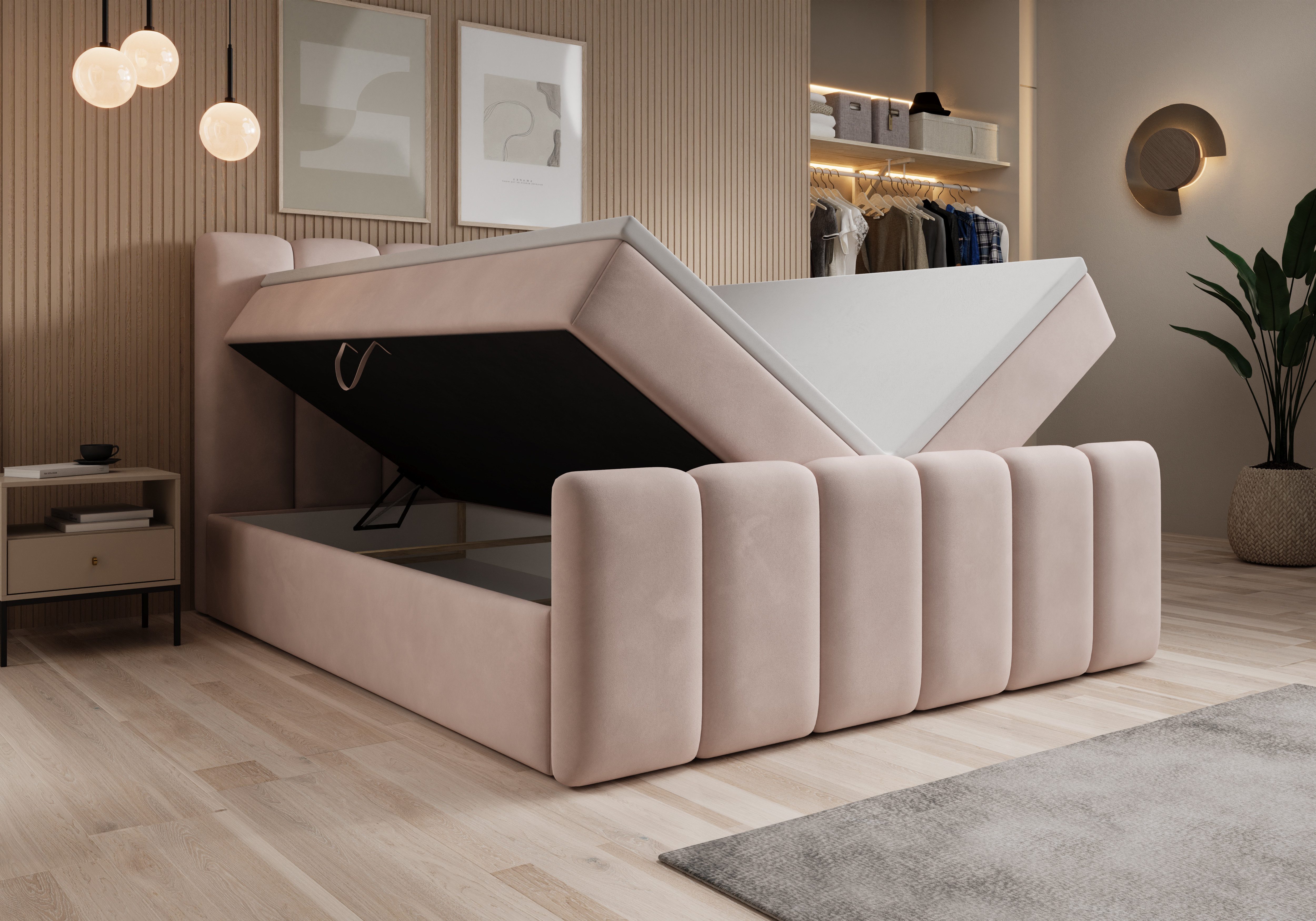 thematys Boxbett mit Bettkasten 140x200–200x200 cm – Velours oder Bouclé Bezug – (Polsterbett Bonnellfederkern Matratze H3 + Gratis 3cm Topper, Boxbett - Luxus  – Bild 3 von 5