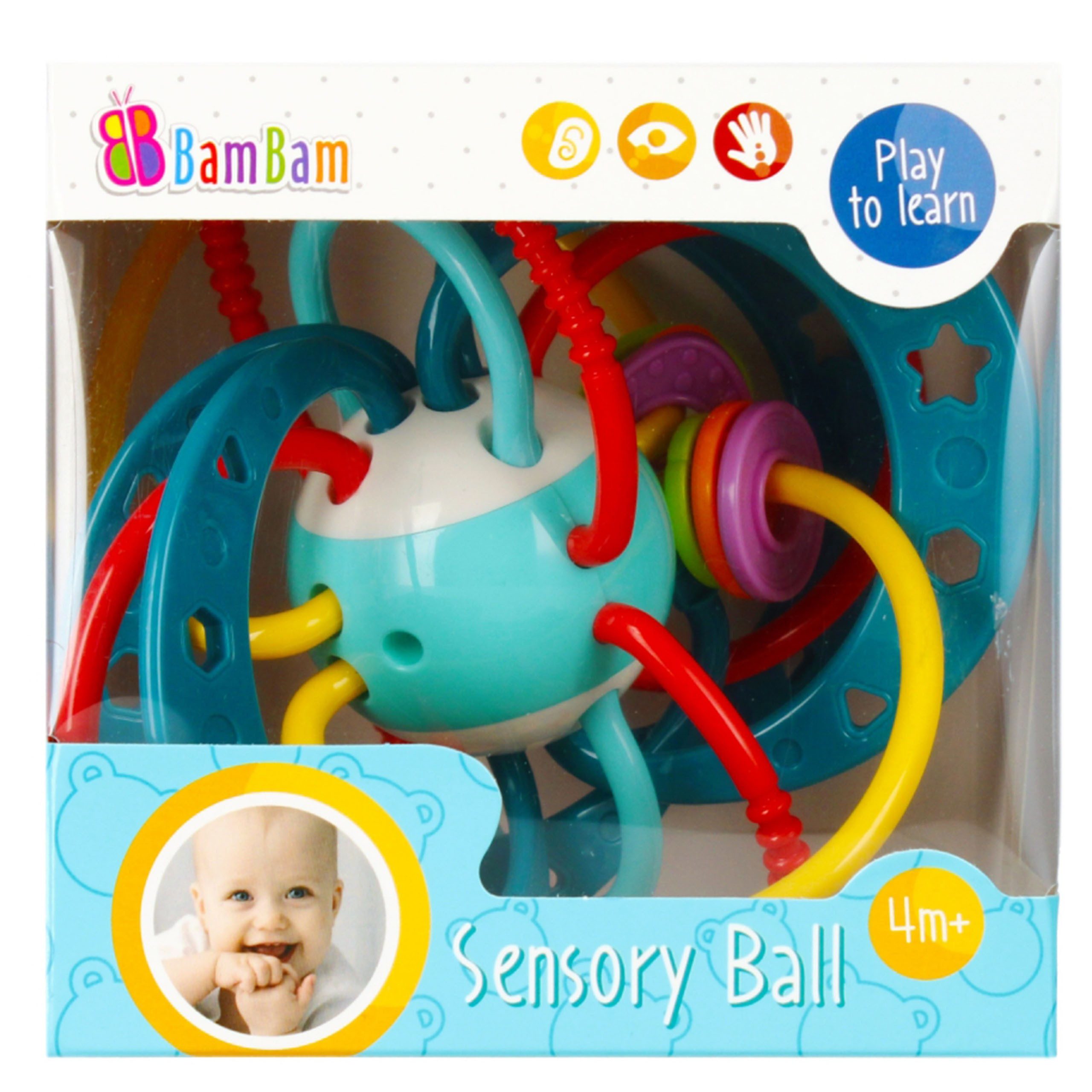 BAM BAM Rasselball Bam Bam SENSORISCHES BALL für Kleinkinder, RASSELSPIELZEUG, buntes 4m+