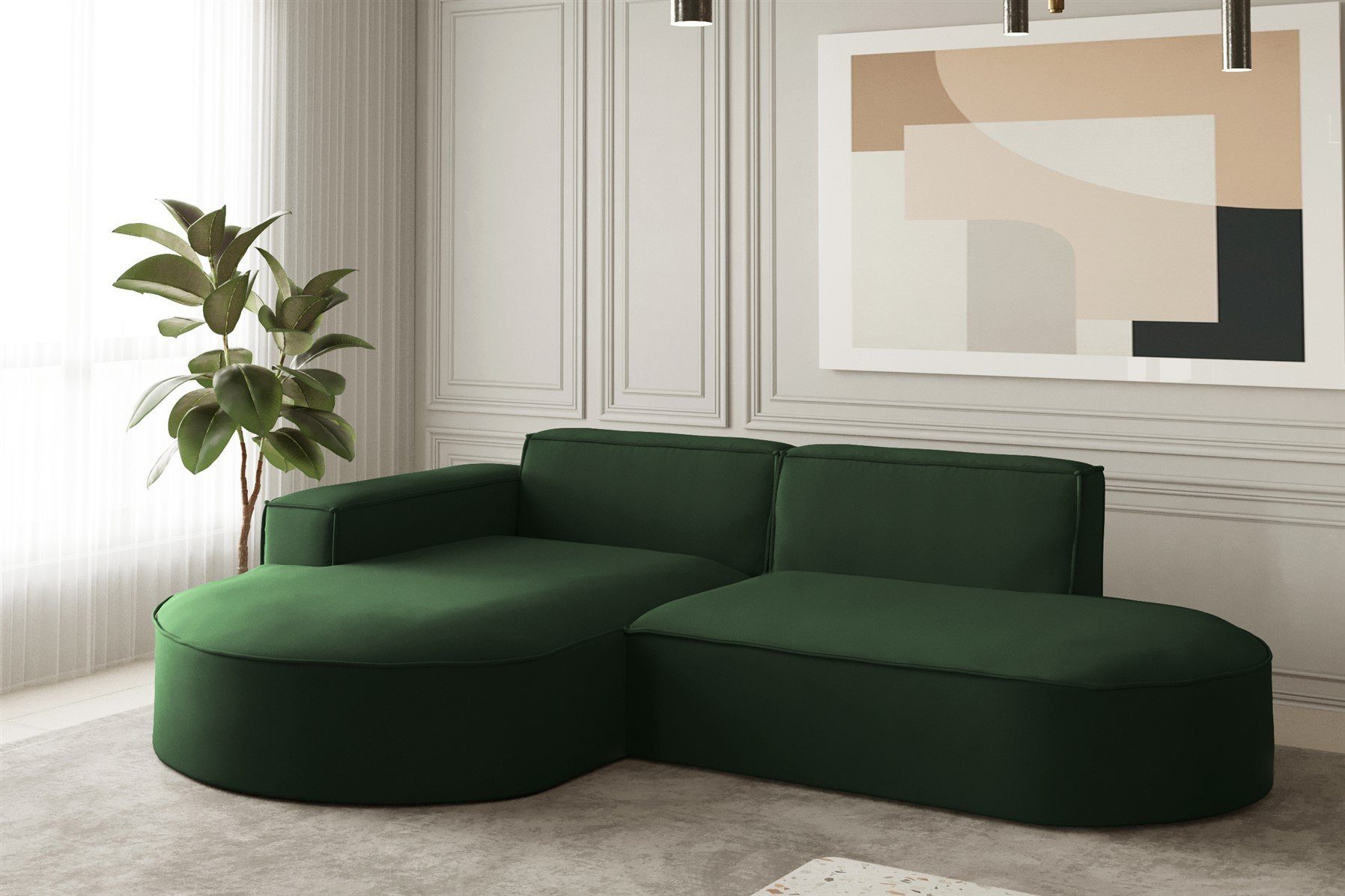 Fun Möbel Ecksofa Ecksofa Designersofa mane Grün mit Velvet, rechts, mane Rundumbezug XS in links Opera oder PALMA Stoff