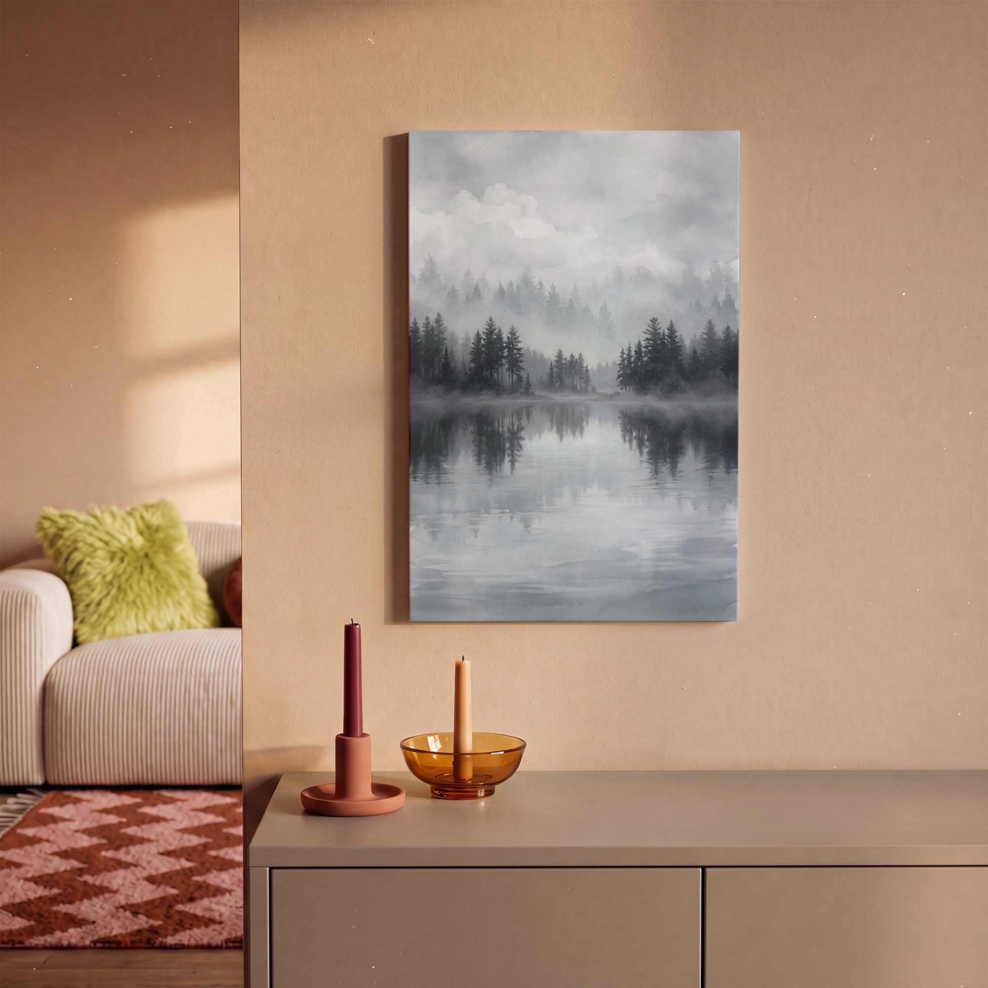 OneMillionCanvasses® Leinwandbild Wald - See - Nebel - Natur - Grau, Fotodruck (1 St), Leinwand Canvas Wandbild, Wanddekoration 20x30 cm – Bild 2 von 5