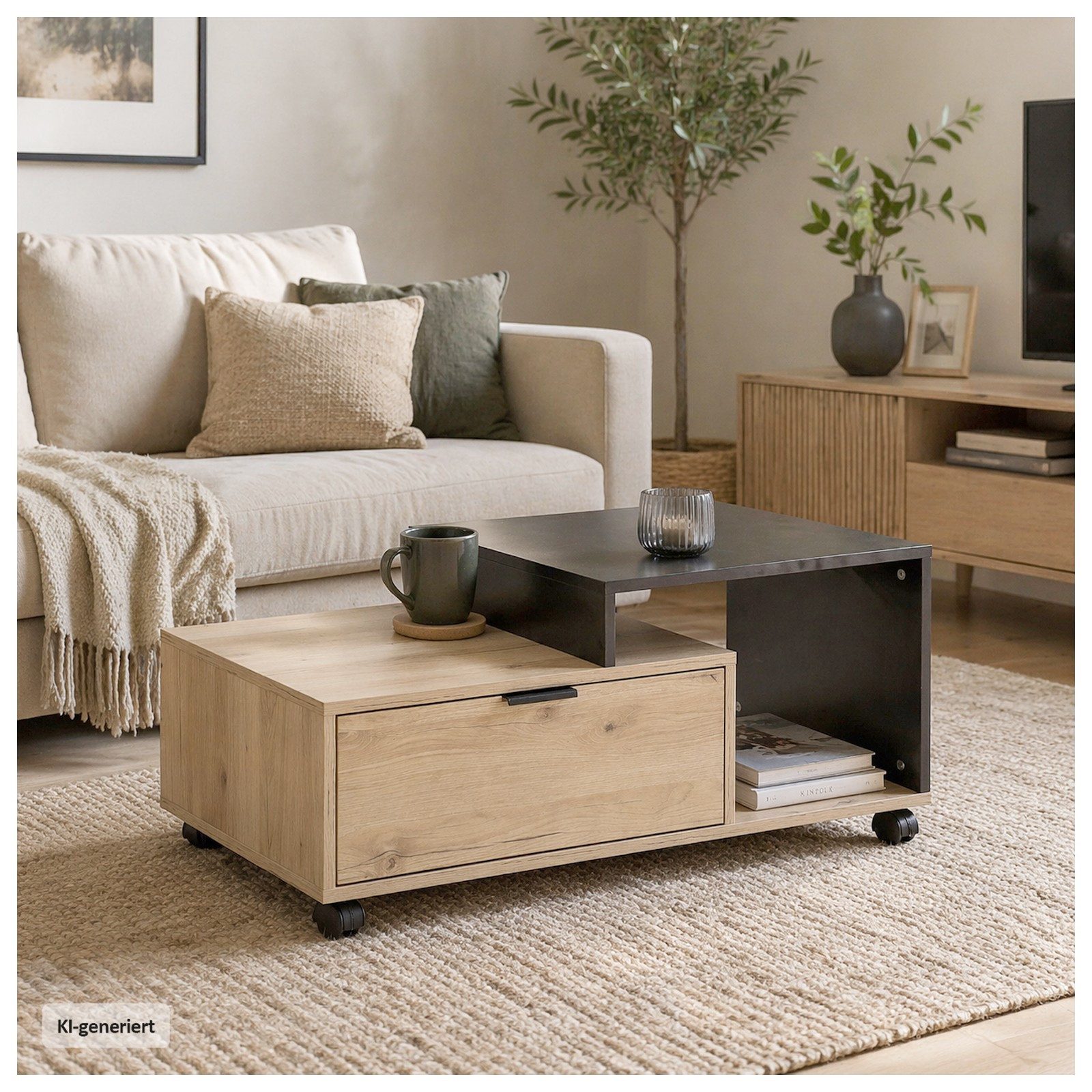 HTI-Living Couchtisch Cedrik auf Rollen mit Schublade Artisaneiche-Schwarz (Stück, 1-St., 1 Couchtisch auf Rollen)