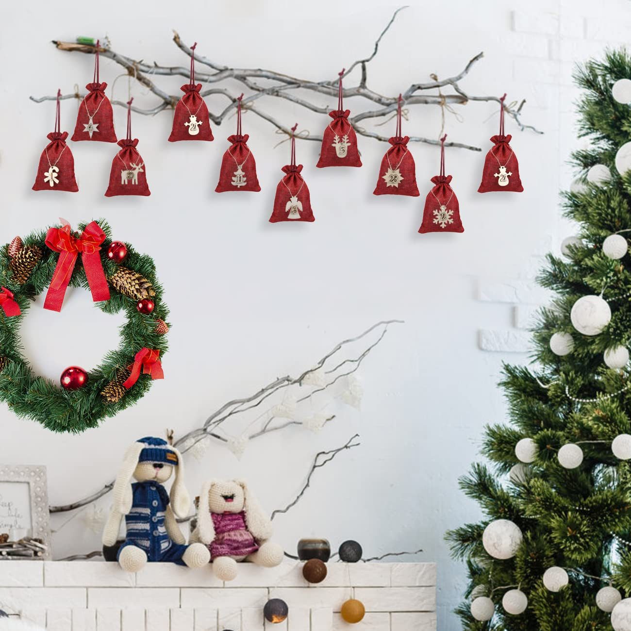 FOUORTUNATE-BEE befüllbarer Adventskalender 24 x Jutesäckchen Adventskalender Stoffbeutel (24-tlg), mit Zahlen Holzanhänger Jute Beutel Säckchen