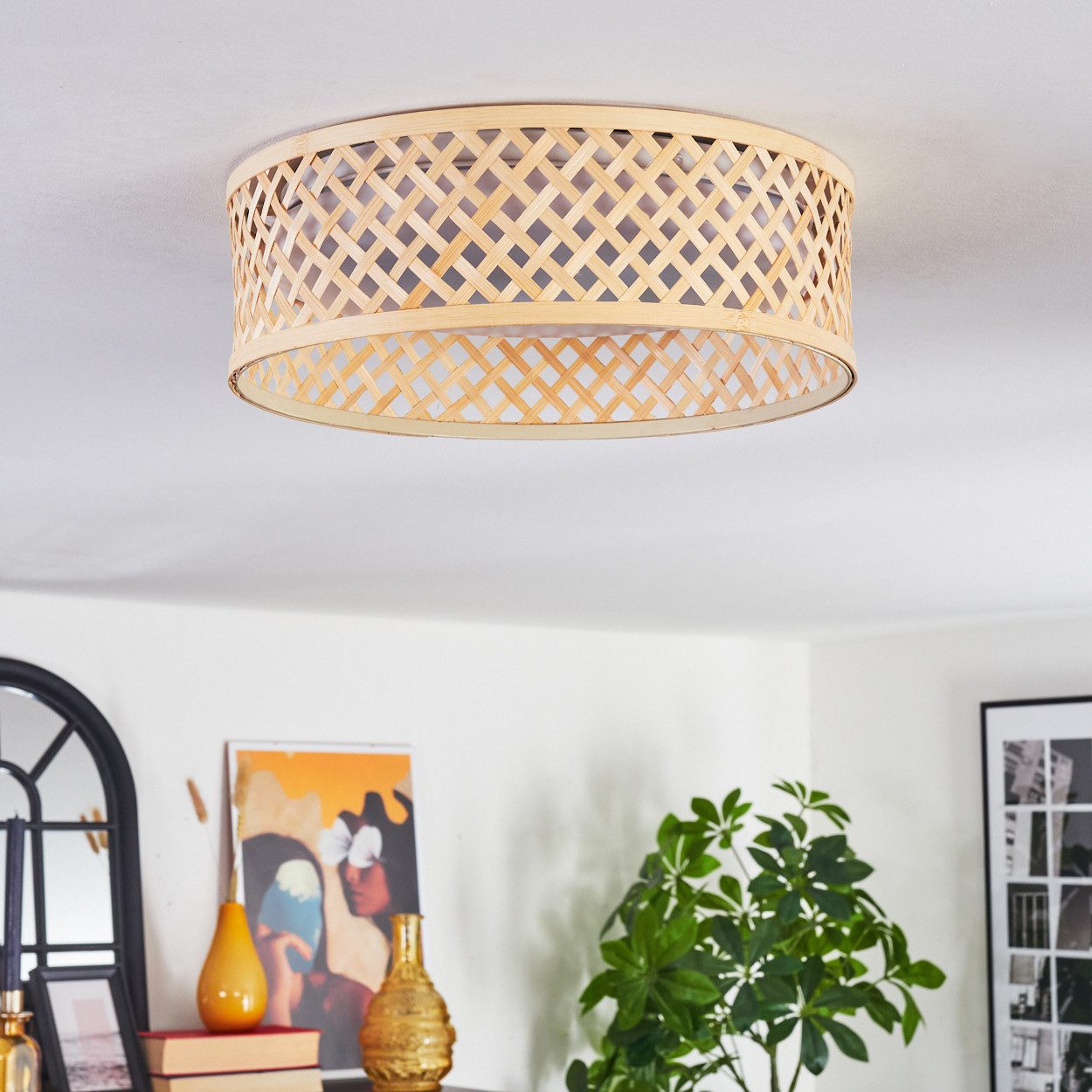 hofstein Deckenleuchte Deckenlampe aus Metall/Bambus/Kunststoff in Weiß/Natur im Boho-Design, ohne Leuchtmittel, moderne Deckenleuchte, dimmbar über Wandschalte – Bild 5 von 5