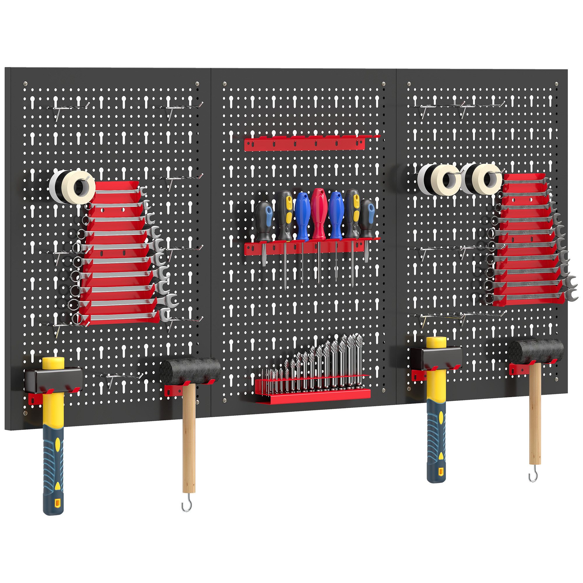 HOMCOM Lochwand Schüttenregal, Ablageböden, Sichtlagerkästen, Werkstattregal, 3 Stk., mit 16 Haken, (Lagersystem, 28-tlg., Wandregal), 60 x 40 x 2 cm Schwarz+Rot