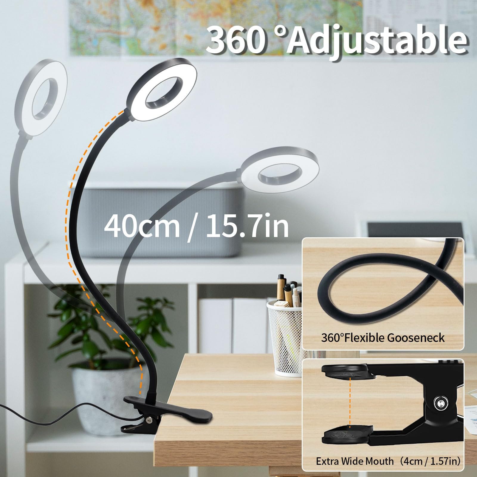 LQWELL LED Klemmleuchte Ringlicht, Clip-On, 3 Farben, dimmbar, emmleuchten Leselampe Buch, LED fest integriert, 3000K Warmweiß, 4500K Naturweiß, 6500K Kaltweiß, flexibler Schwanenhals, USB, Schlafzimmer Deko