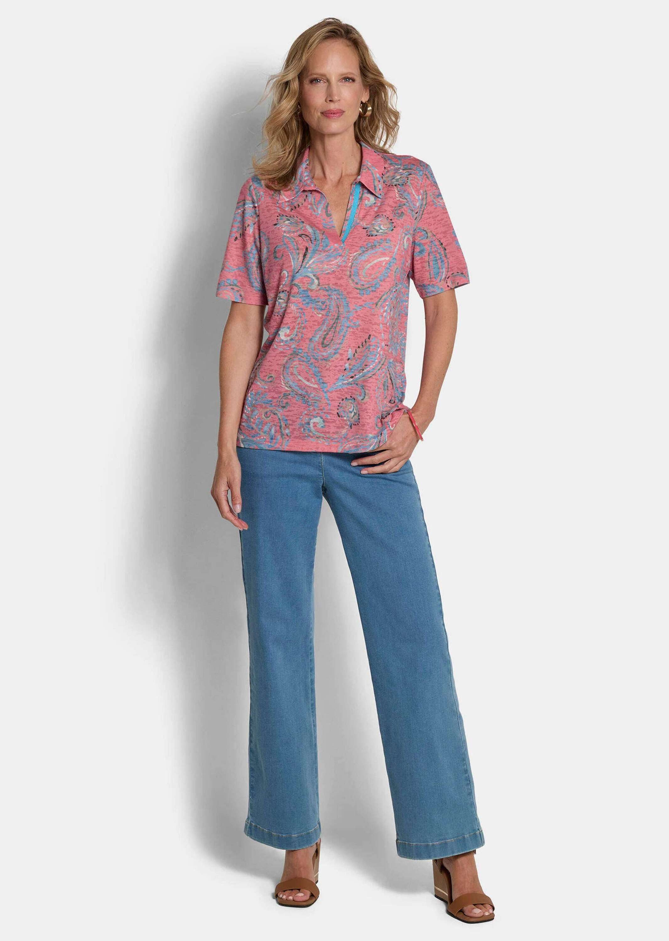 GOLDNER Print-Shirt Blusenshirt mit Paisley-Muster Ausbrenner-Shirt mit Hemdkragen, V-Ausschnitt und Halbarm